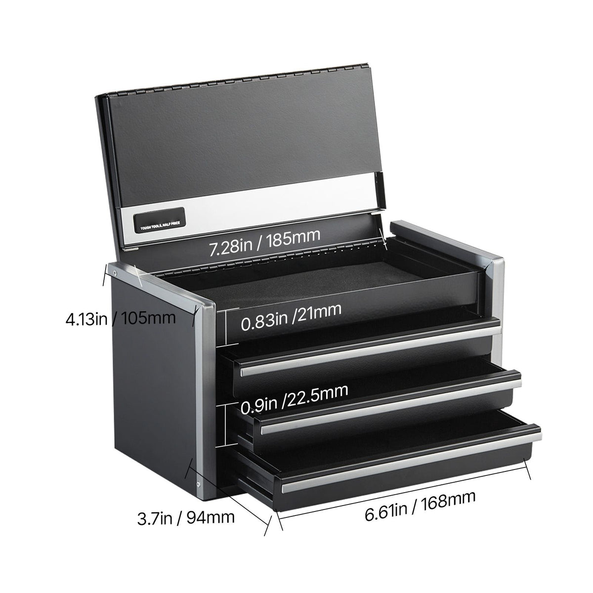 Metal Tool Box, 8.6-inch, Portable Metal Tool Box with 3 Drawers, Small Tool Chest with EVA Liners and PP Feet Pads, Heavy-Duty Steel With Ball Bearing Opening and Powder Coated Finish, Black