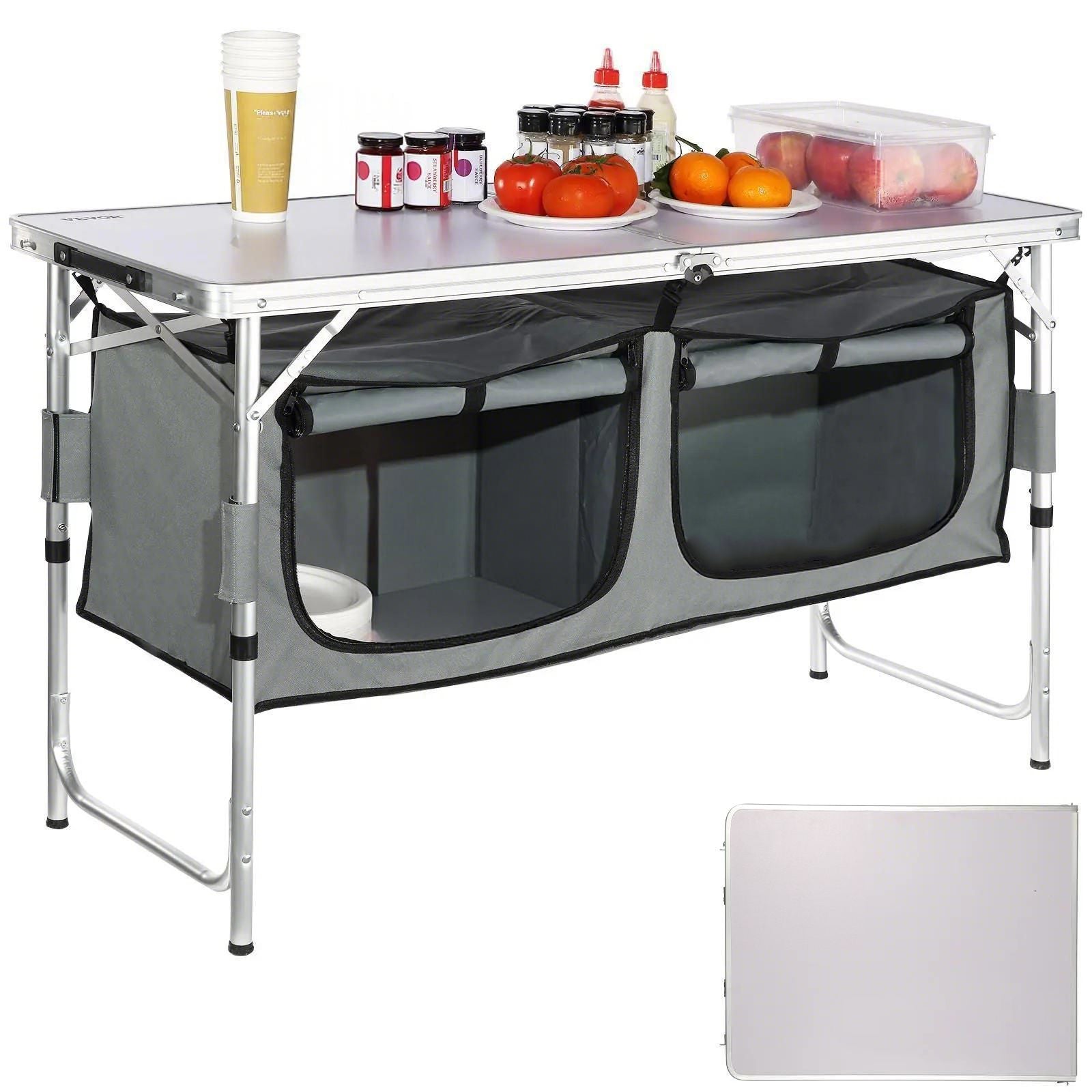 Camping Kitchen Table, Quick set-up Folding Camping Table with A Carrying Bag, 3 Adjustable Heights, MDF Camping Table, Ideal for Outdoor Picnics, BBQs, Camping, RV Traveling
