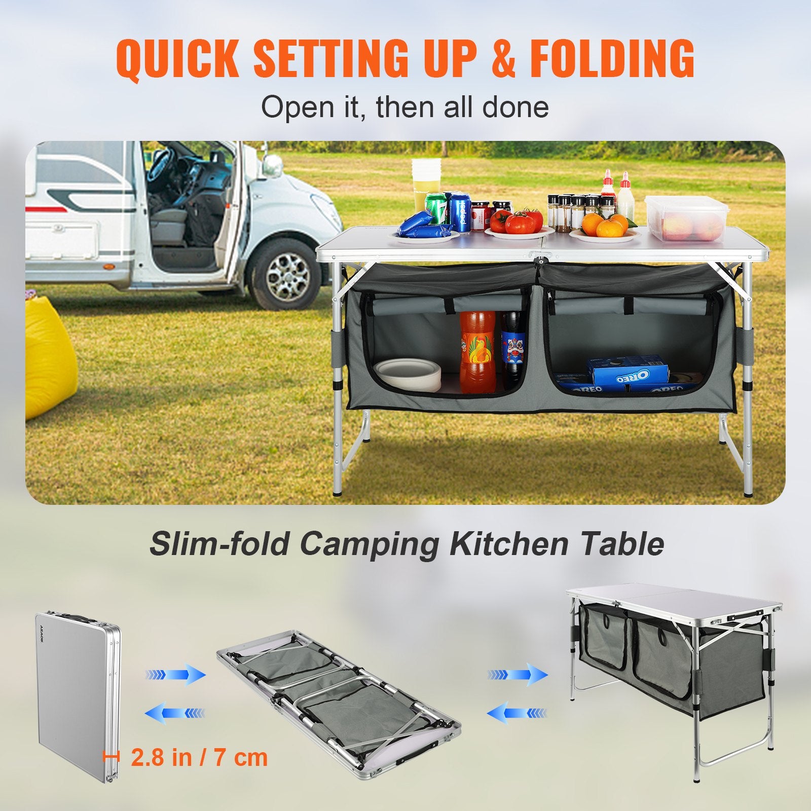 Camping Kitchen Table, Quick set-up Folding Camping Table with A Carrying Bag, 3 Adjustable Heights, MDF Camping Table, Ideal for Outdoor Picnics, BBQs, Camping, RV Traveling