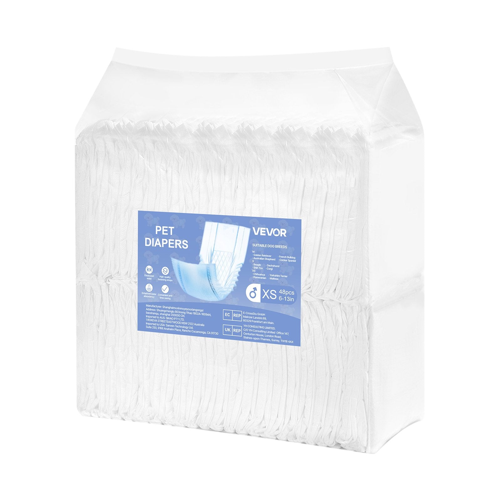 Disposable Male Dog Diapers, Super Absorbent Male Dog Wraps, 360 ° Leak-Proof Belly Bands with Wetness Indicator for Doggies in Heat, Training, Incontinence - XS, 96 Count (2 Packs of 48)