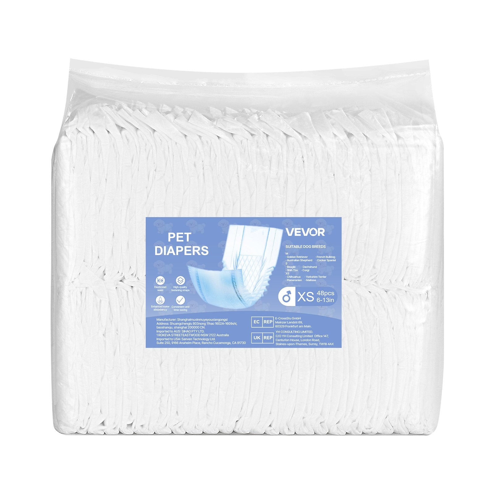 Disposable Male Dog Diapers, Super Absorbent Male Dog Wraps, 360 ° Leak-Proof Belly Bands with Wetness Indicator for Doggies in Heat, Training, Incontinence - XS, 96 Count (2 Packs of 48)