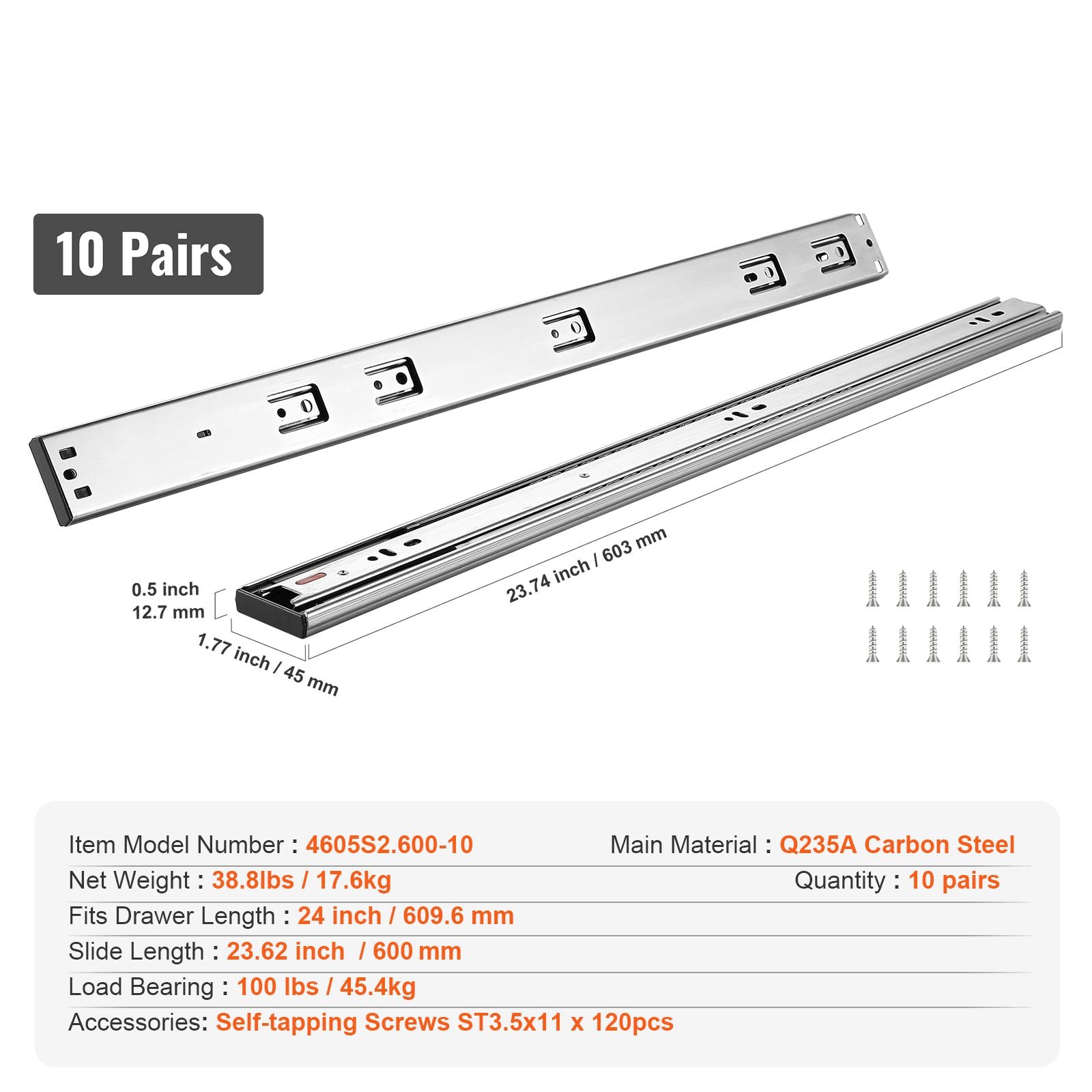 10 Pairs of 609.6mm Drawer Slides Side Mount Rails, Heavy Duty Full Extension Steel Track, Soft-Close Noiseless Guide Glides Cabinet Kitchen Runners with Ball Bearing, 100 Lbs Load Capacity