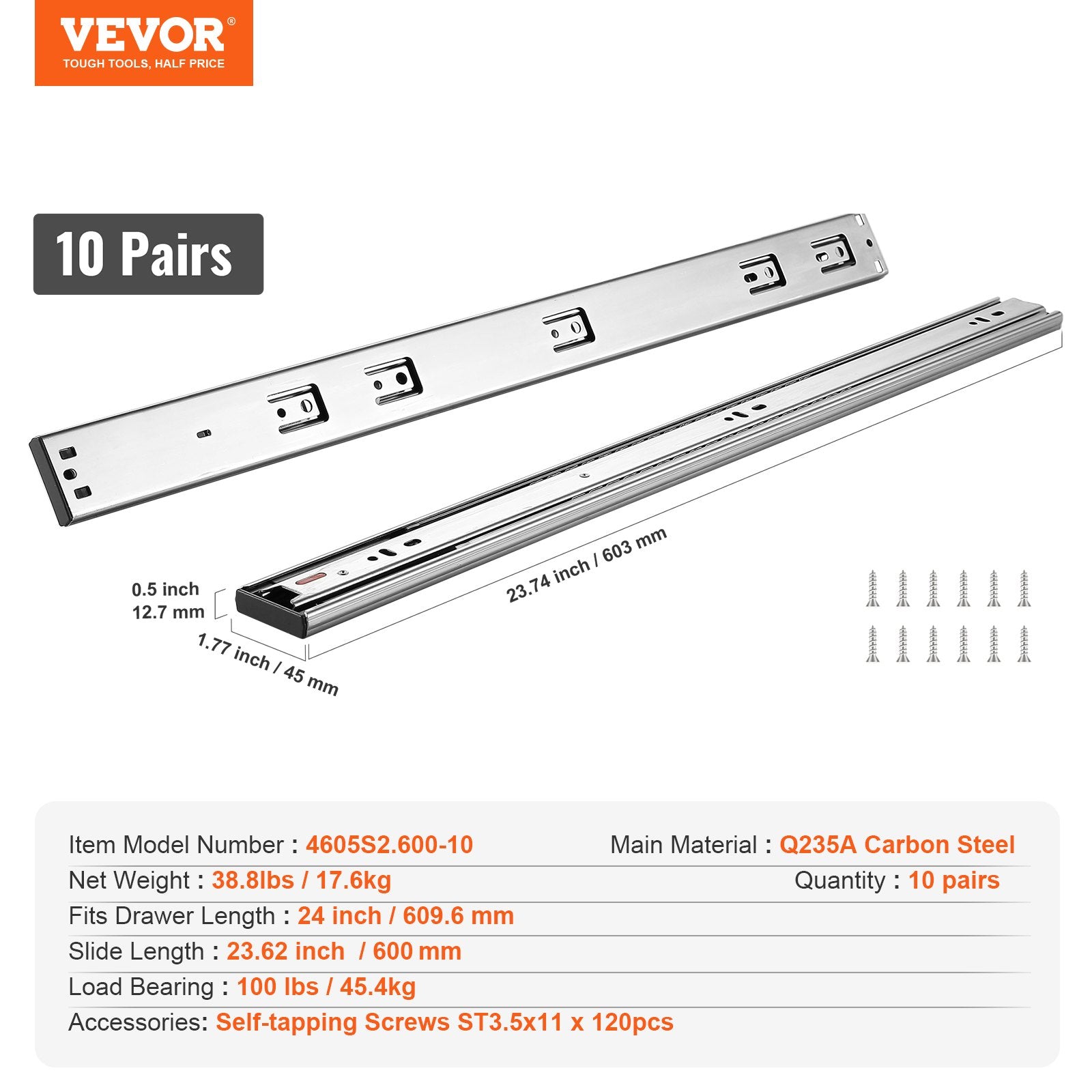 10 Pairs of 609.6mm Drawer Slides Side Mount Rails, Heavy Duty Full Extension Steel Track, Soft-Close Noiseless Guide Glides Cabinet Kitchen Runners with Ball Bearing, 100 Lbs Load Capacity