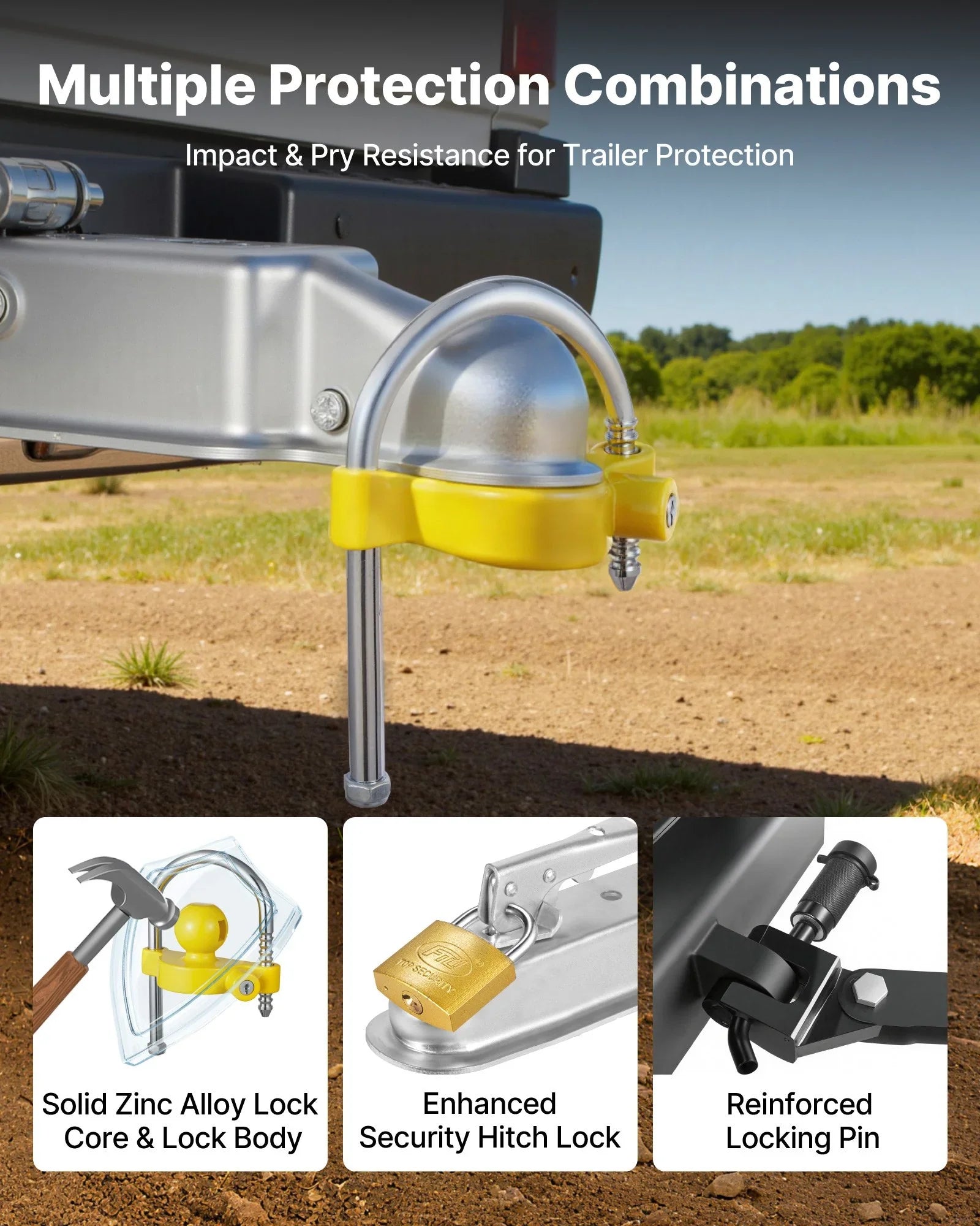 Trailer Hitch Lock Kit, Fits for 46 mm, 50.8 mm, 58.7 mm Couplers, Heavy-Duty Anti-Theft Trailer Ball Lock with Keys, Prying-Resistant, Adjustable Height Design for RVs, Boats, Trailers