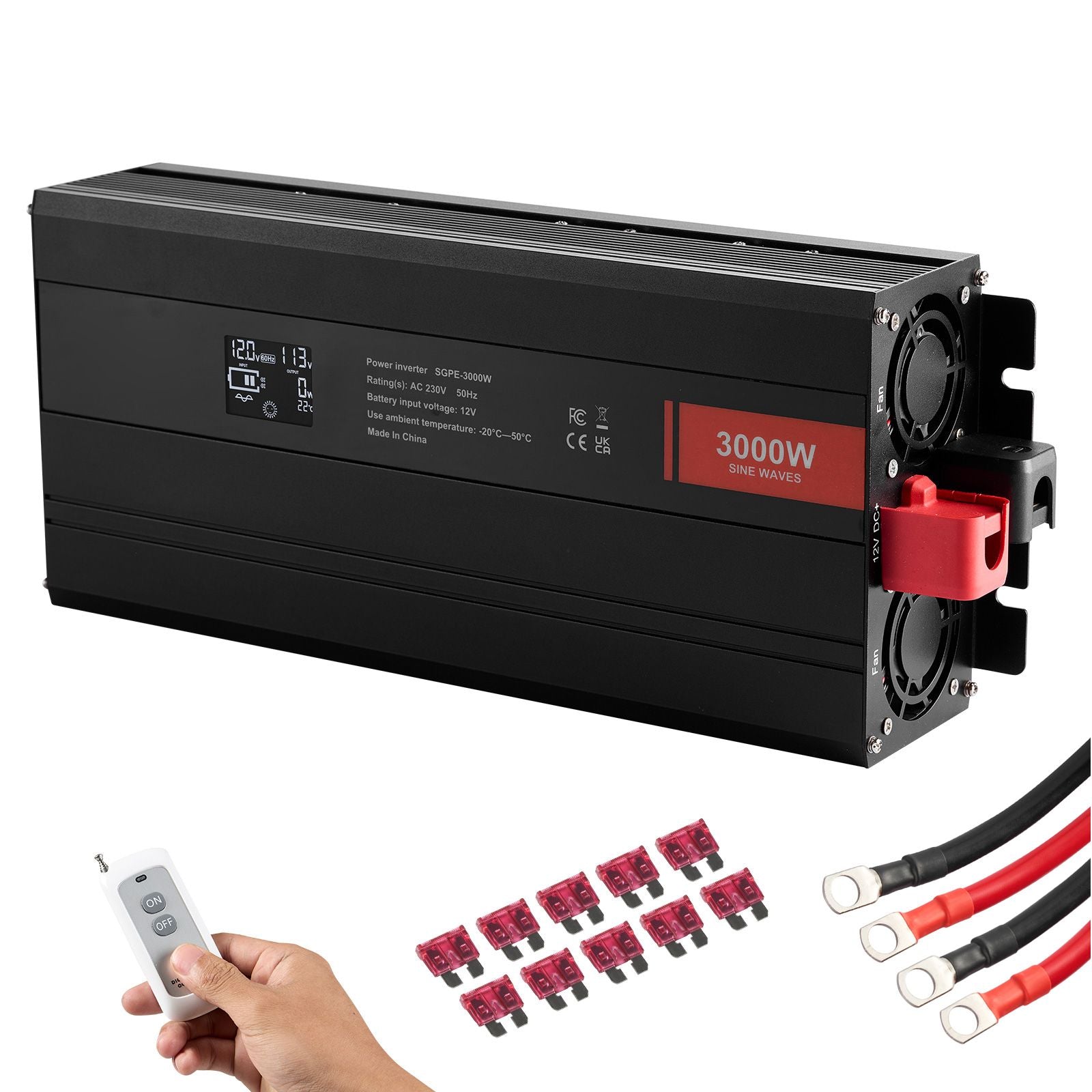 3000W Pure Sine Wave Power Inverter 12V to 230V LCD Remote Control
