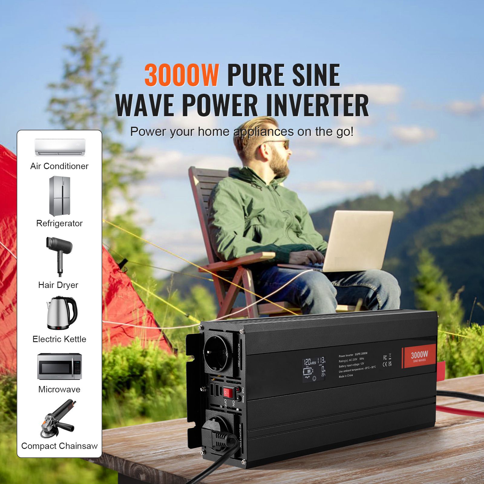 3000W Pure Sine Wave Power Inverter 12V to 230V LCD Remote Control
