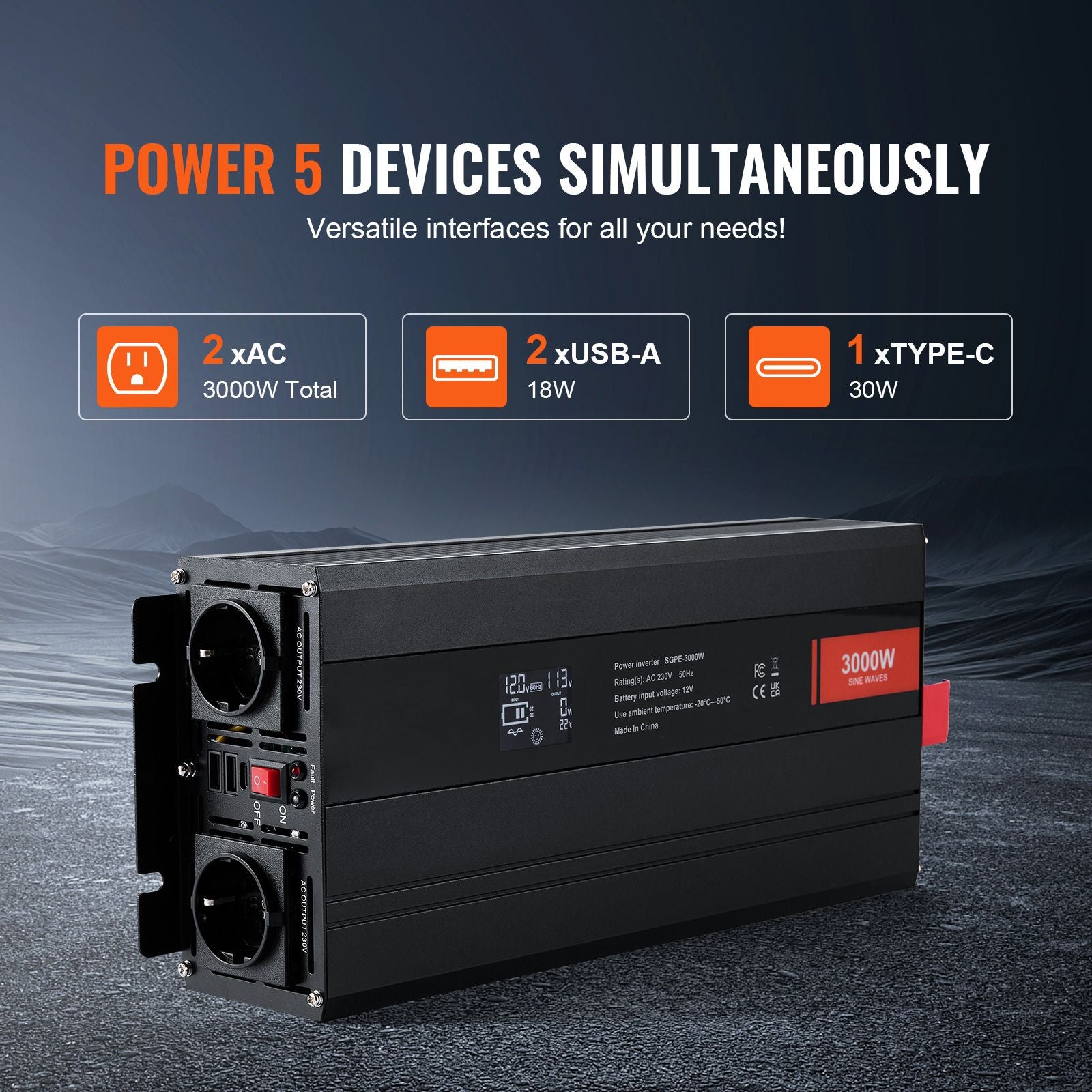 3000W Pure Sine Wave Power Inverter 12V to 230V LCD Remote Control