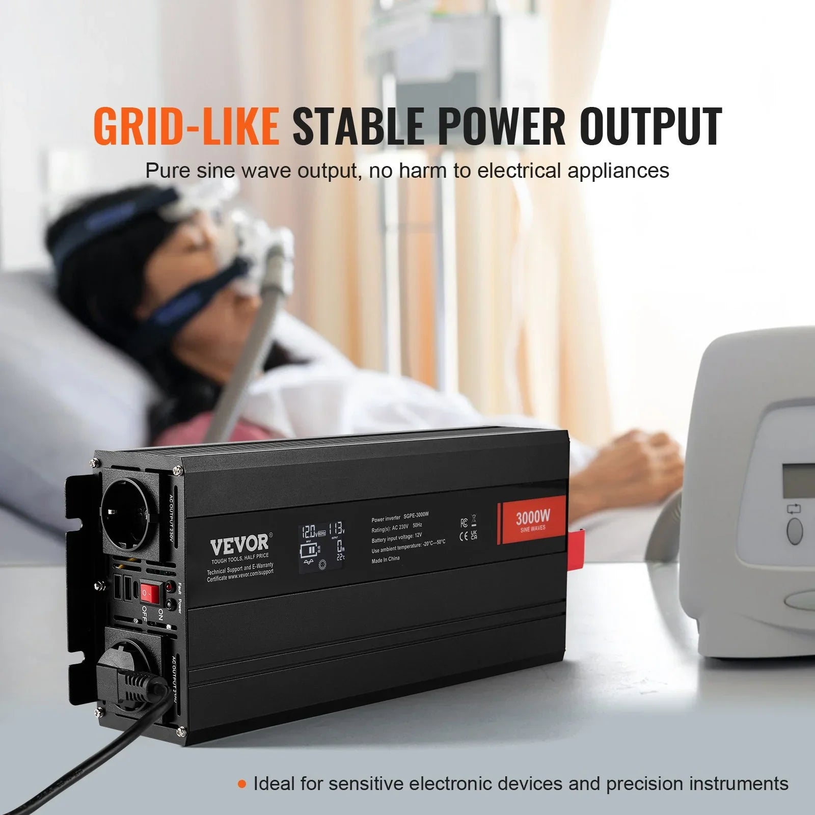 Pure Sine Wave Inverter, 3000 Watt, Power Inverter with 2 AC Outlets 2 USB Port 1 Type-C Port, LCD Display and Remote Controller for Large Home Appliances, CE FCC Certified