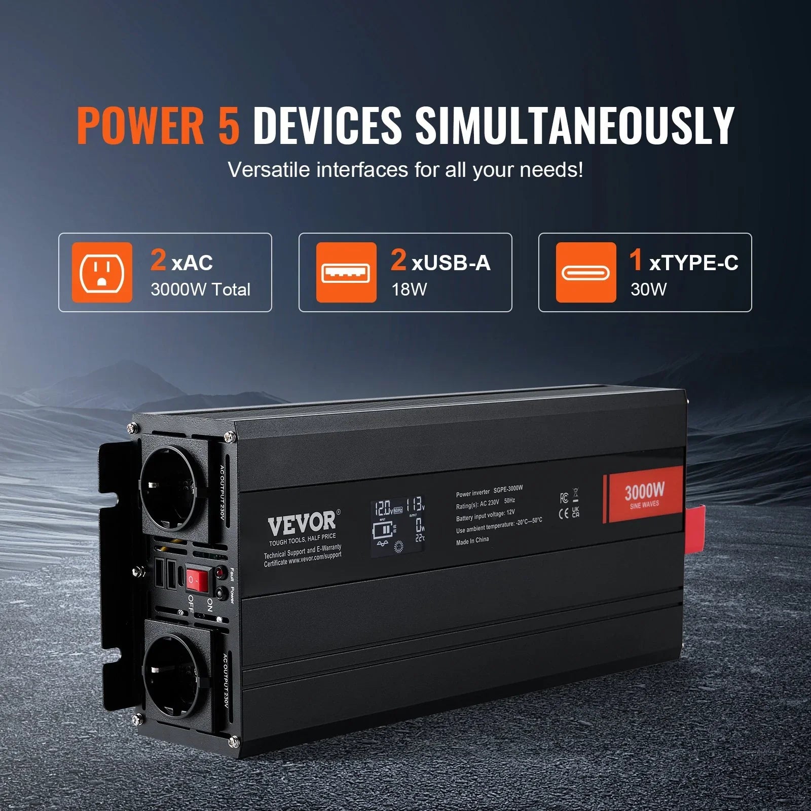 Pure Sine Wave Inverter, 3000 Watt, Power Inverter with 2 AC Outlets 2 USB Port 1 Type-C Port, LCD Display and Remote Controller for Large Home Appliances, CE FCC Certified
