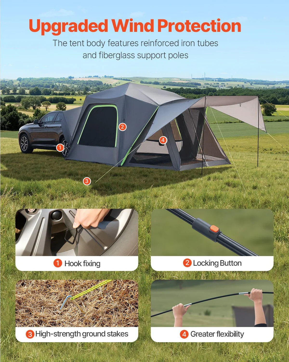 SUV Tent for Camping, 10FT L x 10FT W, Waterproof PU2000mm Spacious Double Layer Design for 5-8 Person, SUV Camping Tent with Shade Awning and Mesh Windows, Includes Rainfly and Storage Bag