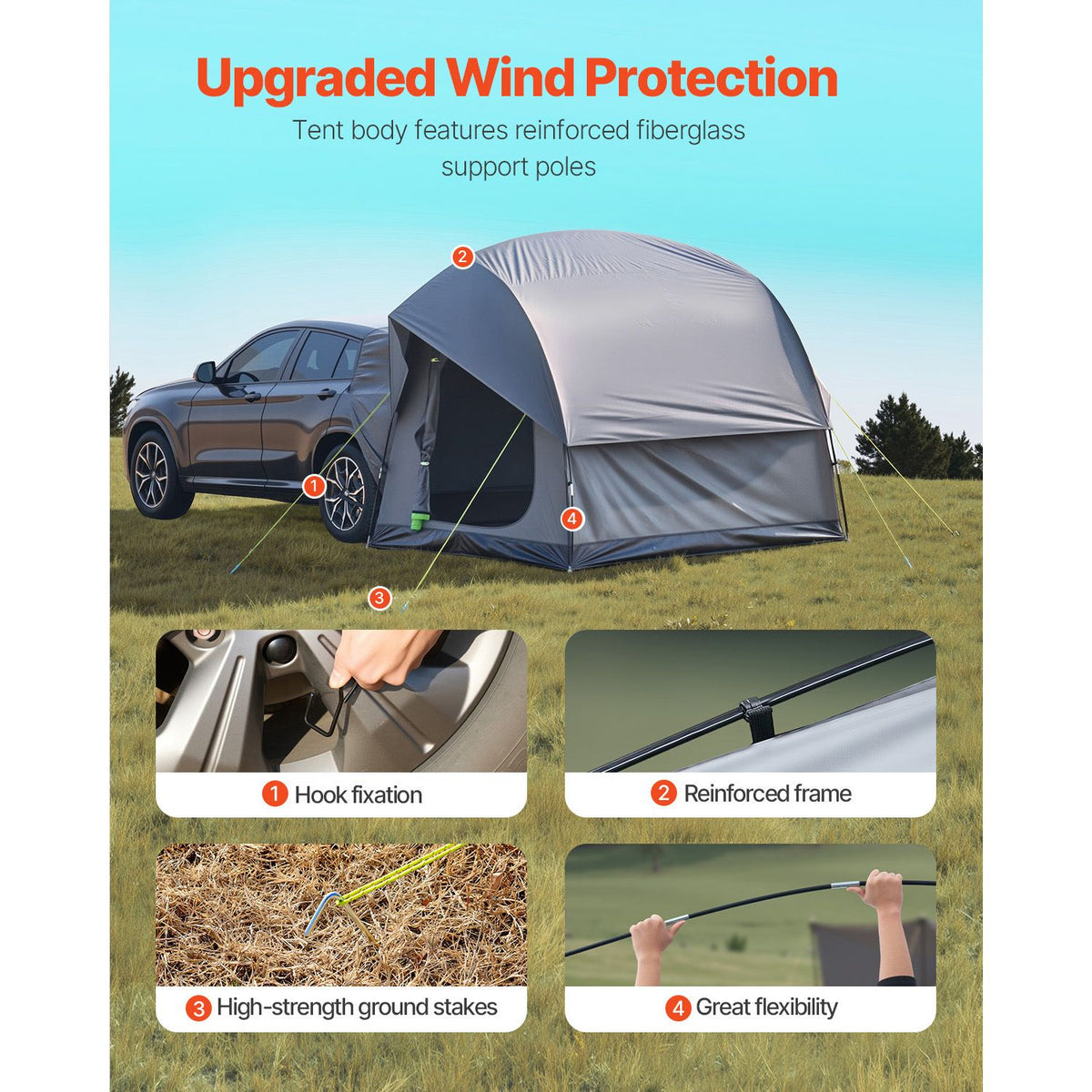 SUV Camping Tent 8x8ft Waterproof Car Rear Tent PU2000mm Family Shelter