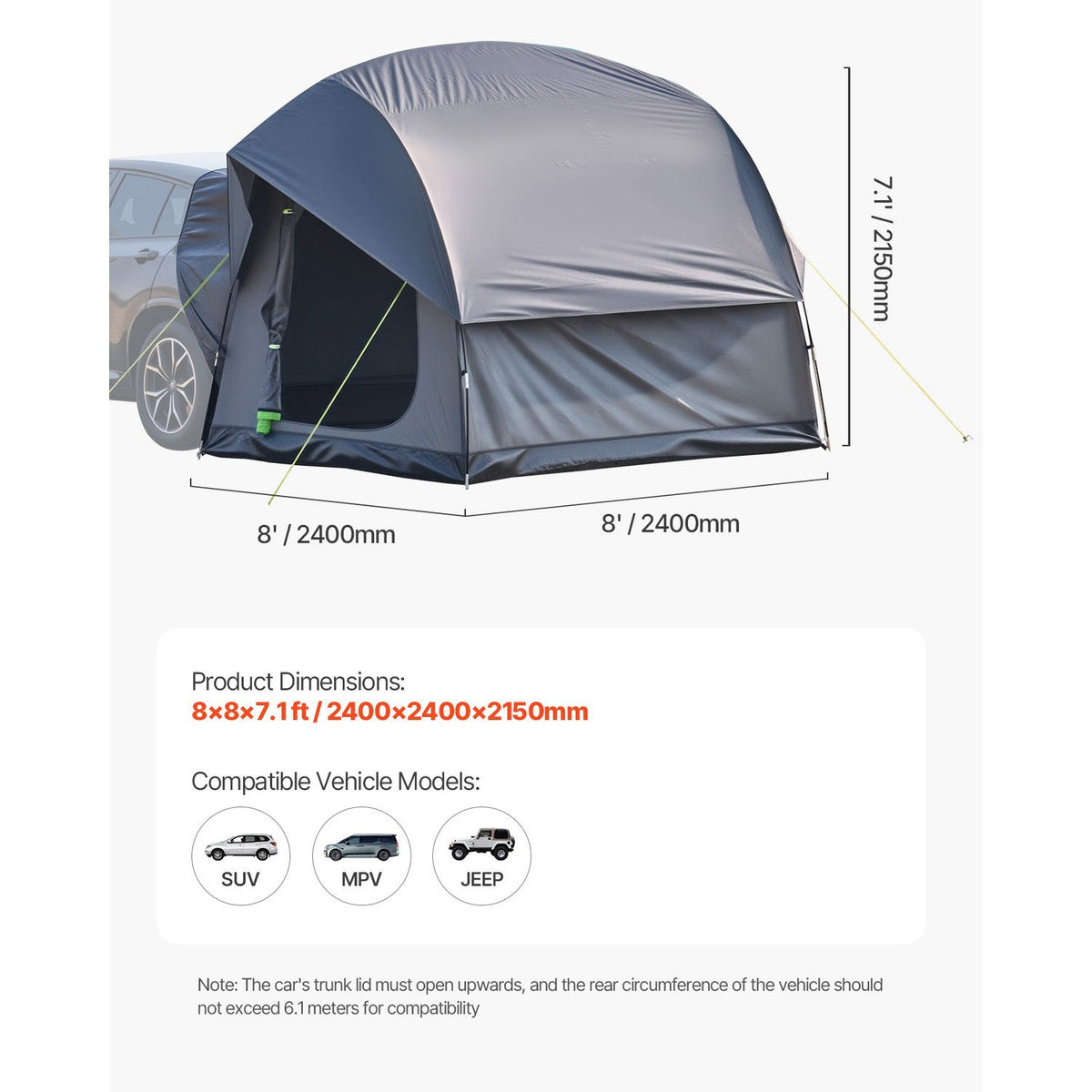 SUV Camping Tent 8x8ft Waterproof Car Rear Tent PU2000mm Family Shelter