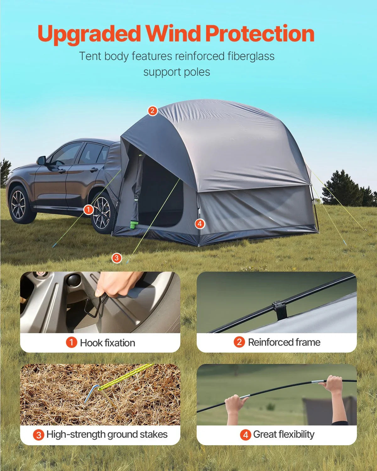 SUV Tent for Camping, 8FT L x 8FT W, Waterproof PU2000mm Spacious Double Layer Design for 5-8 Person, SUV Camping Tent with Mesh Windows, Includes Rainfly & Storage Bag, for Outdoor Activities