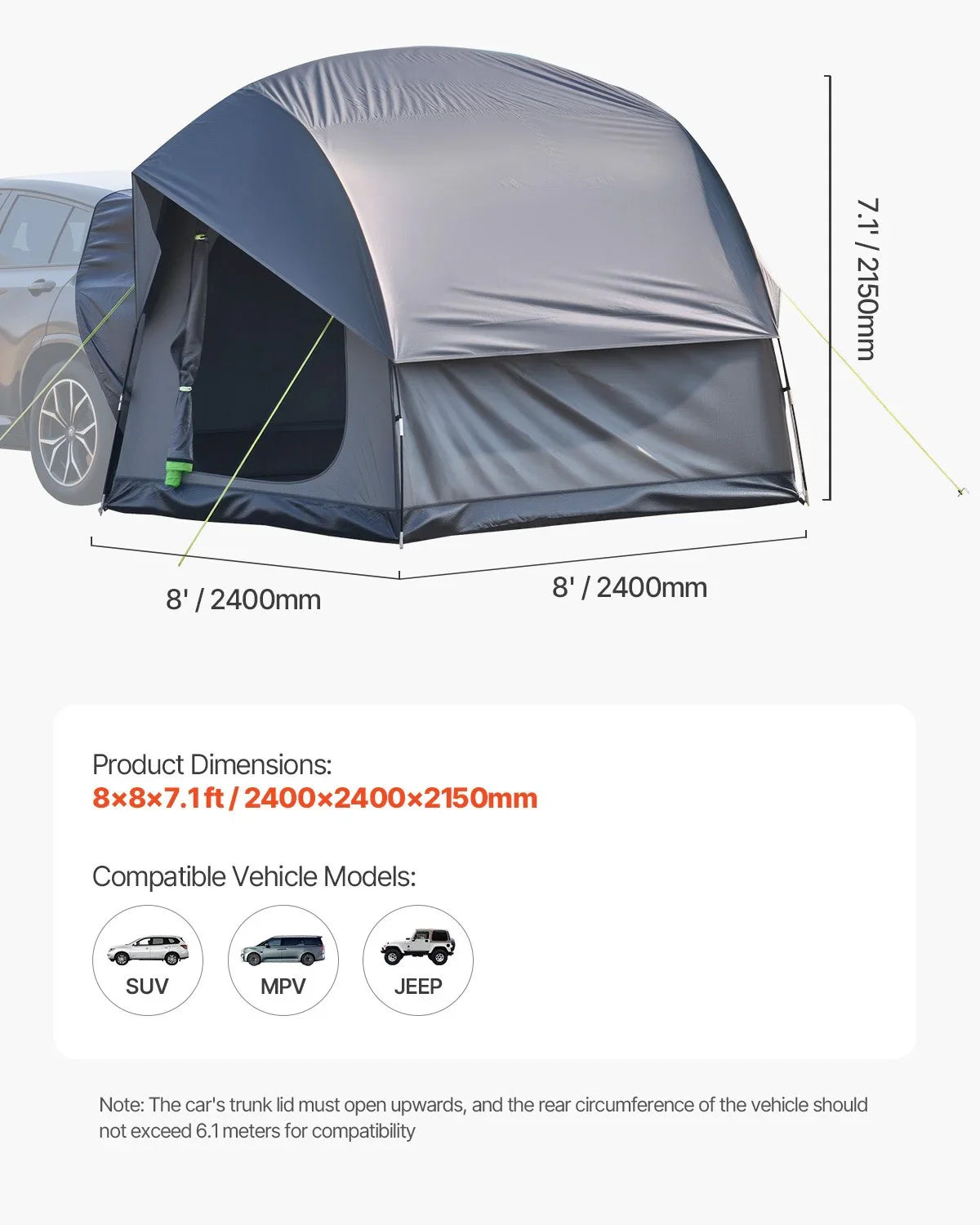 SUV Tent for Camping, 8FT L x 8FT W, Waterproof PU2000mm Spacious Double Layer Design for 5-8 Person, SUV Camping Tent with Mesh Windows, Includes Rainfly & Storage Bag, for Outdoor Activities