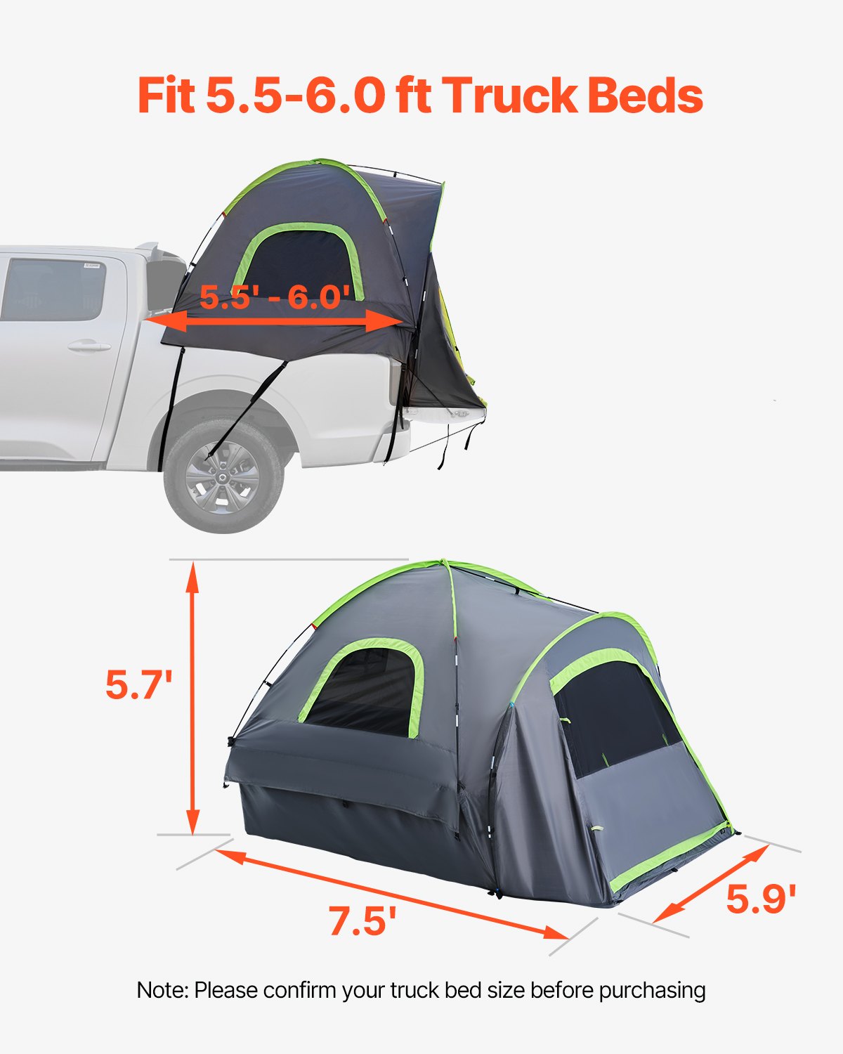 Truck Tent 5.5-6.0ft Waterproof PU2000 Truck Bed Camping Tent 2-3 Person