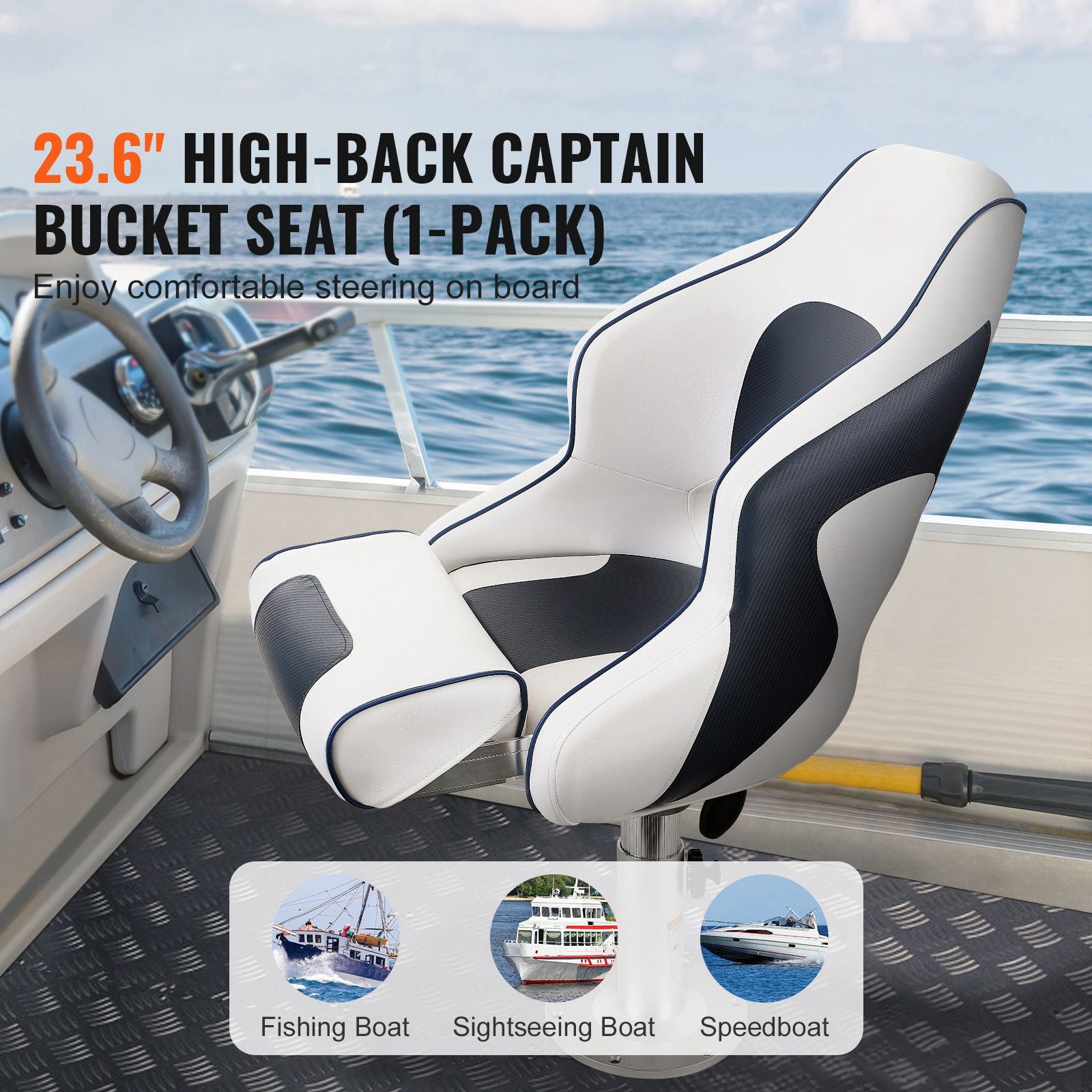 Flip Up Captain Boat Seat with Bolster Waterproof Cushion Fishing Chair