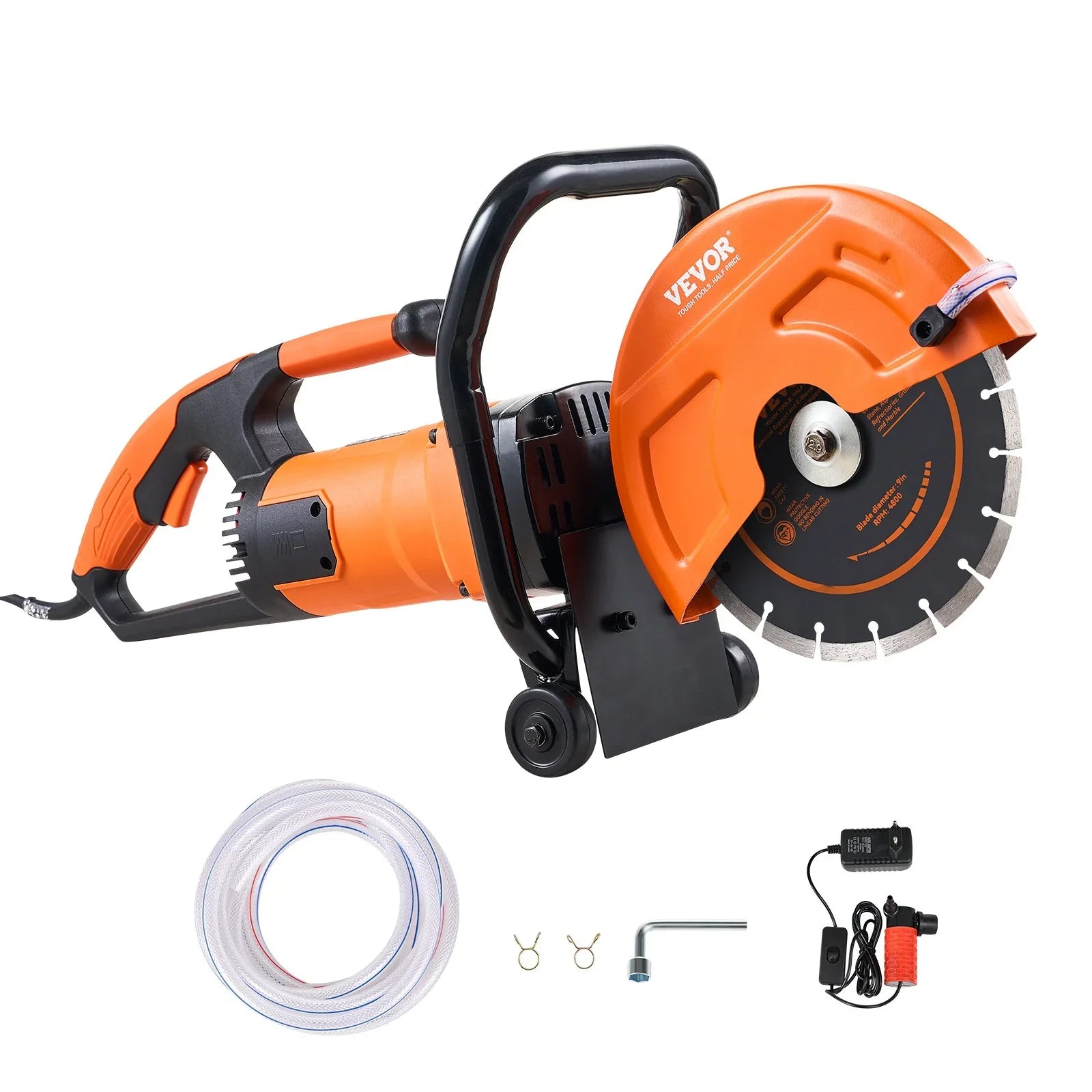 Electric Concrete Saw, 9 in, 2000 W 15 A Motor Circular Saw Cutter with 3.5 in Cutting Depth, Wet/Dry Disk Saw Cutter Includes Water Line, Pump and Blade, for Stone, Brick