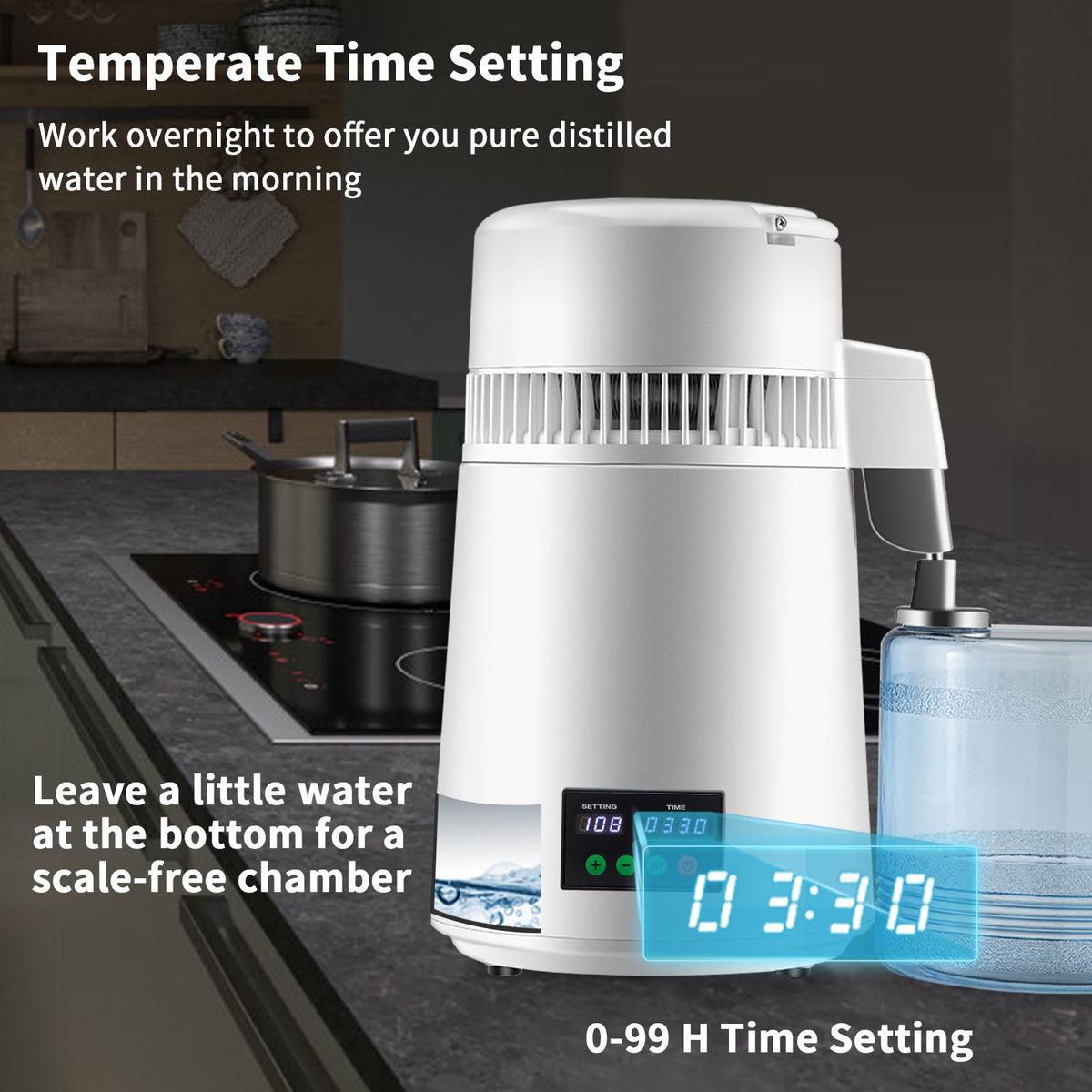 4L Water Distiller 1L/H Distilled Water Maker Timing & Temp Display White