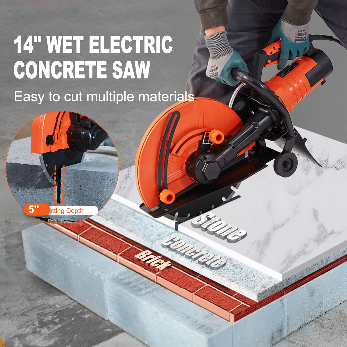 Electric Concrete Saw, 14 in, 2000 W Motor Circular Saw Cutter with Max. 5 in Adjustable Cutting Depth, Wet Disk Saw Cutter Includes Water Line, Pump and Blade, for Stone, Brick