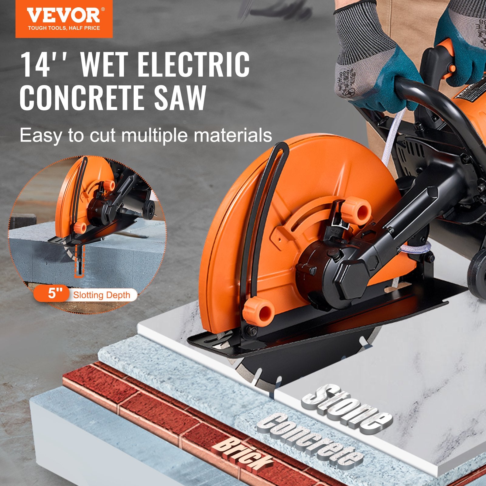 Electric Concrete Saw, 14 in, 2000 W Motor Circular Saw Cutter with Max. 5 in Adjustable Cutting Depth, Wet Disk Saw Cutter Includes Water Line, Pump and Blade, for Stone, Brick