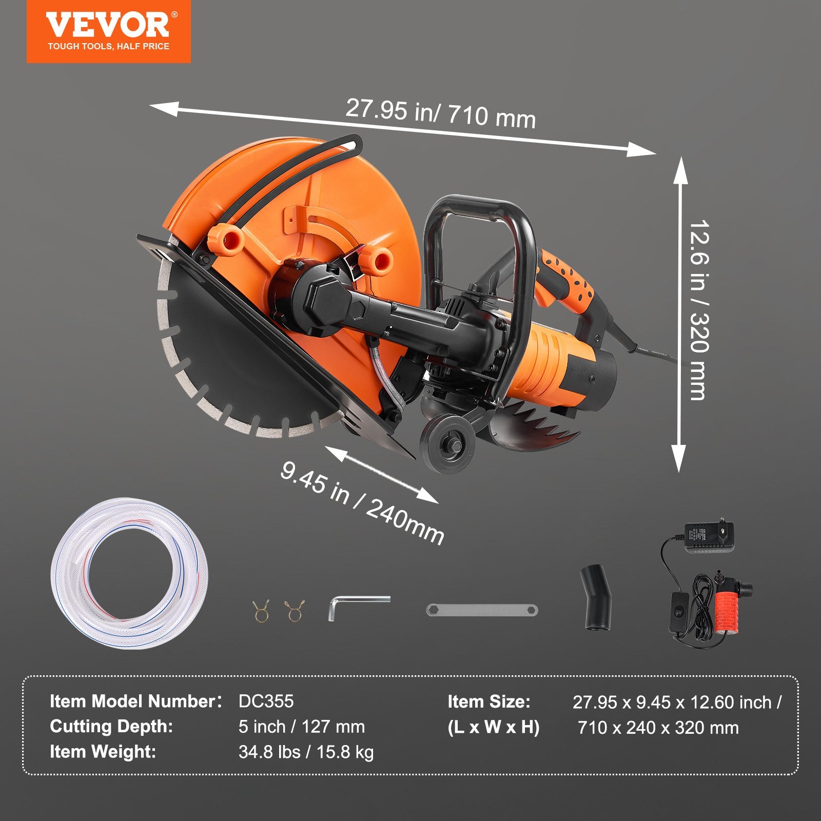Electric Concrete Saw, 14 in, 2000 W Motor Circular Saw Cutter with Max. 5 in Adjustable Cutting Depth, Wet Disk Saw Cutter Includes Water Line, Pump and Blade, for Stone, Brick