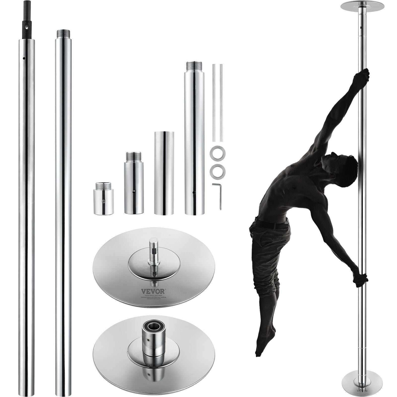 Professional Dancing Pole, Spinning Static Dancing Pole Kit, Portable Removable Pole, 45mm Heavy-Duty Stainless Steel Pole, Height Adjustable Fitness Pole, for Exercise Home Club Gym, Silver