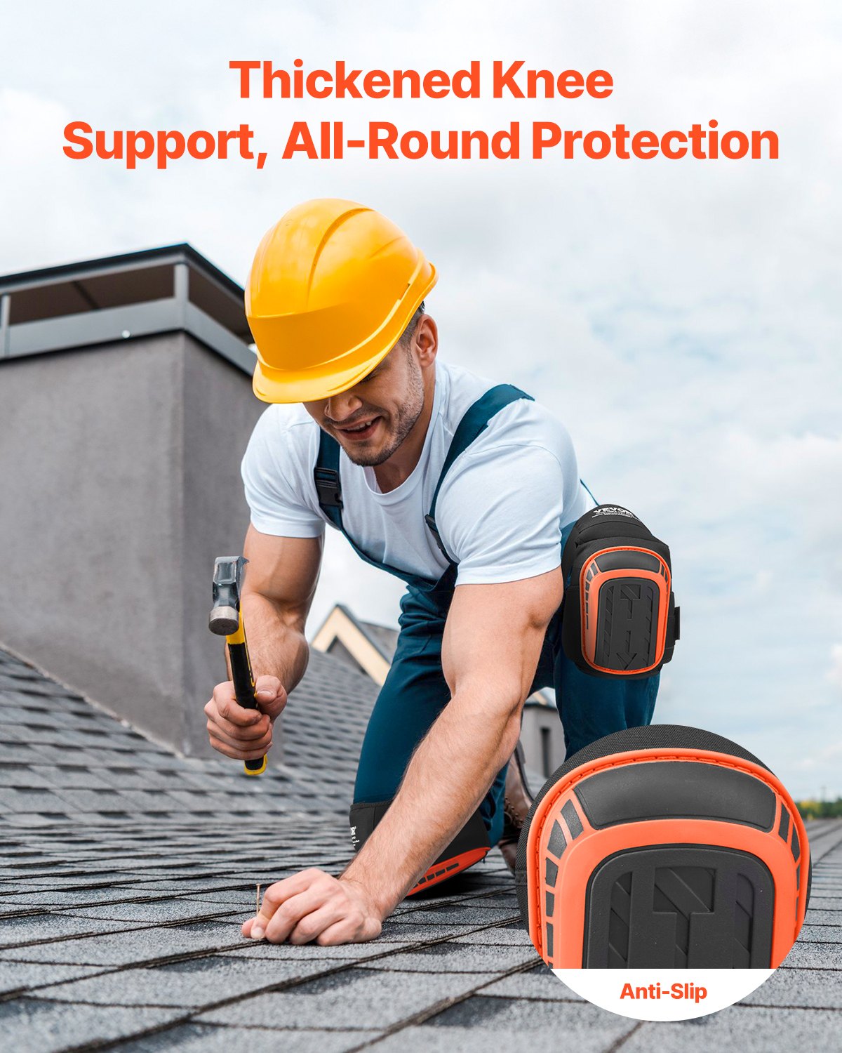 Knee Pads for Work, Extended Heavy Duty Construction Knee Pads with 2 Extension Straps, Anti-slip Foam Gel Knee Pads, Men & Women, for Gardening Flooring Roofing and Cleaning, Black and Orange