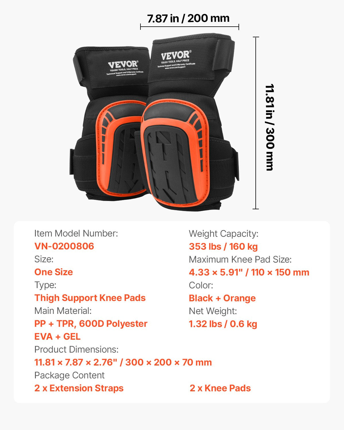 Knee Pads for Work, Extended Heavy Duty Construction Knee Pads with 2 Extension Straps, Anti-slip Foam Gel Knee Pads, Men & Women, for Gardening Flooring Roofing and Cleaning, Black and Orange