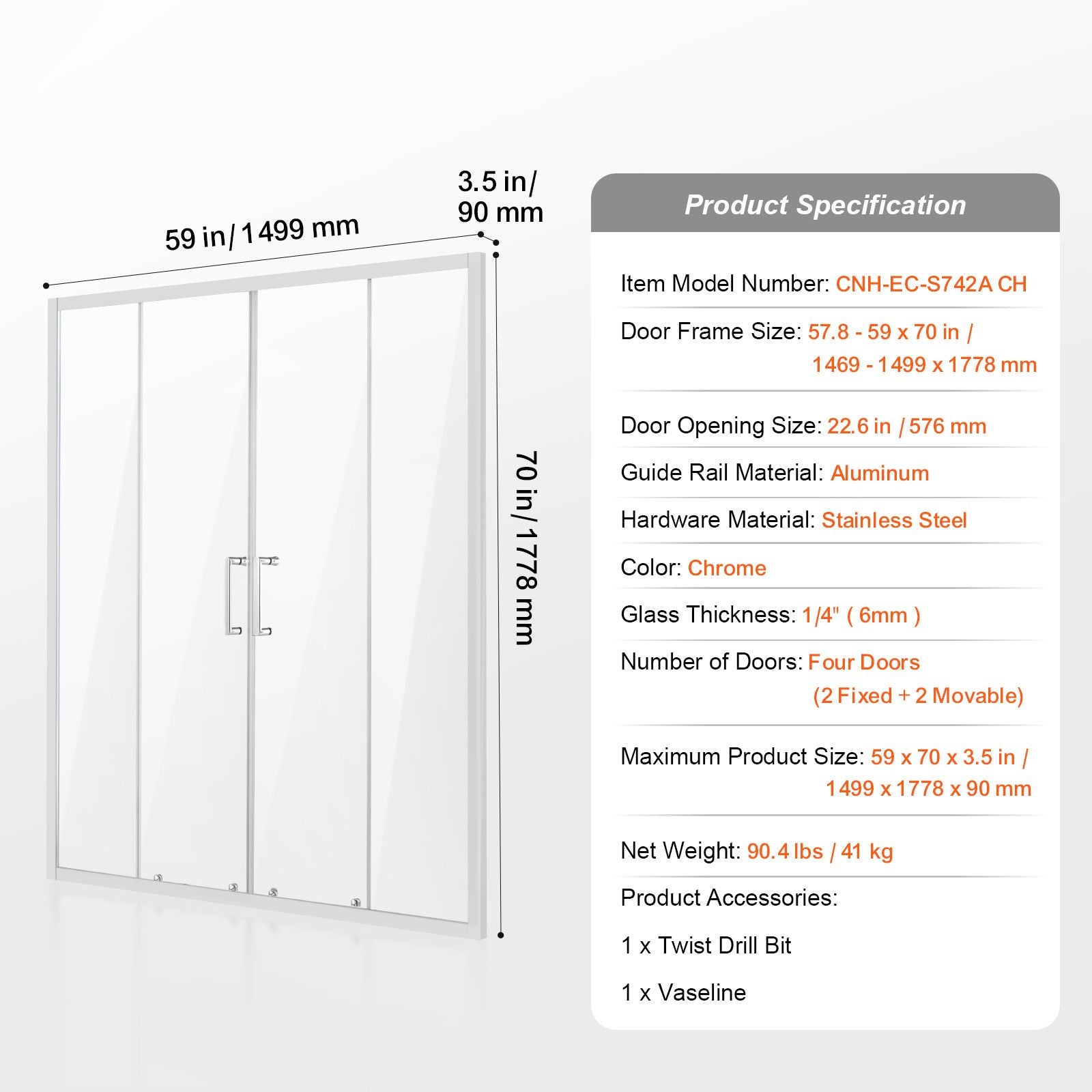 Semi-frameless Double Sliding Shower Door SGCC Tempered Glass 1/4