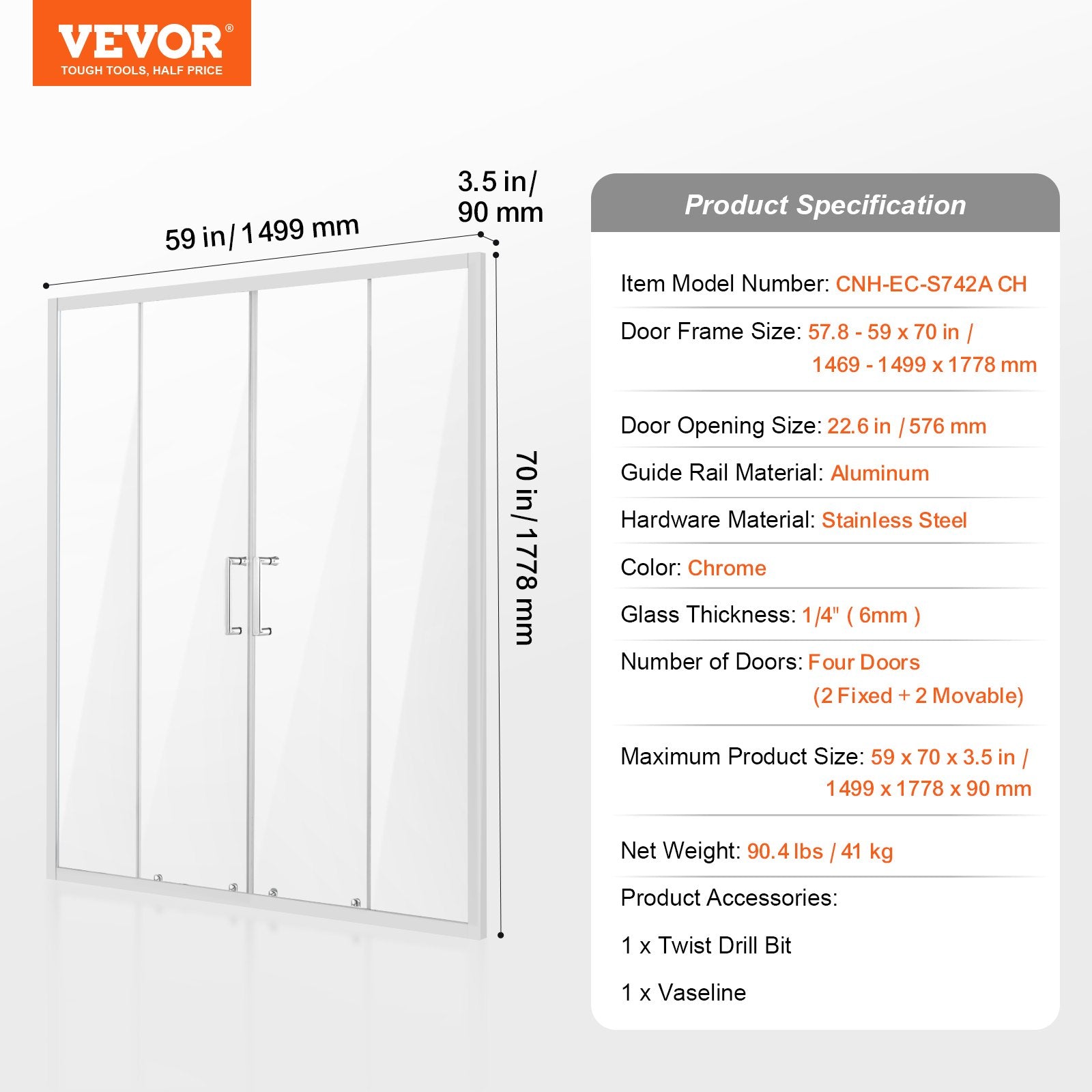 Semi-frameless Double Sliding Shower Door SGCC Tempered Glass 1/4