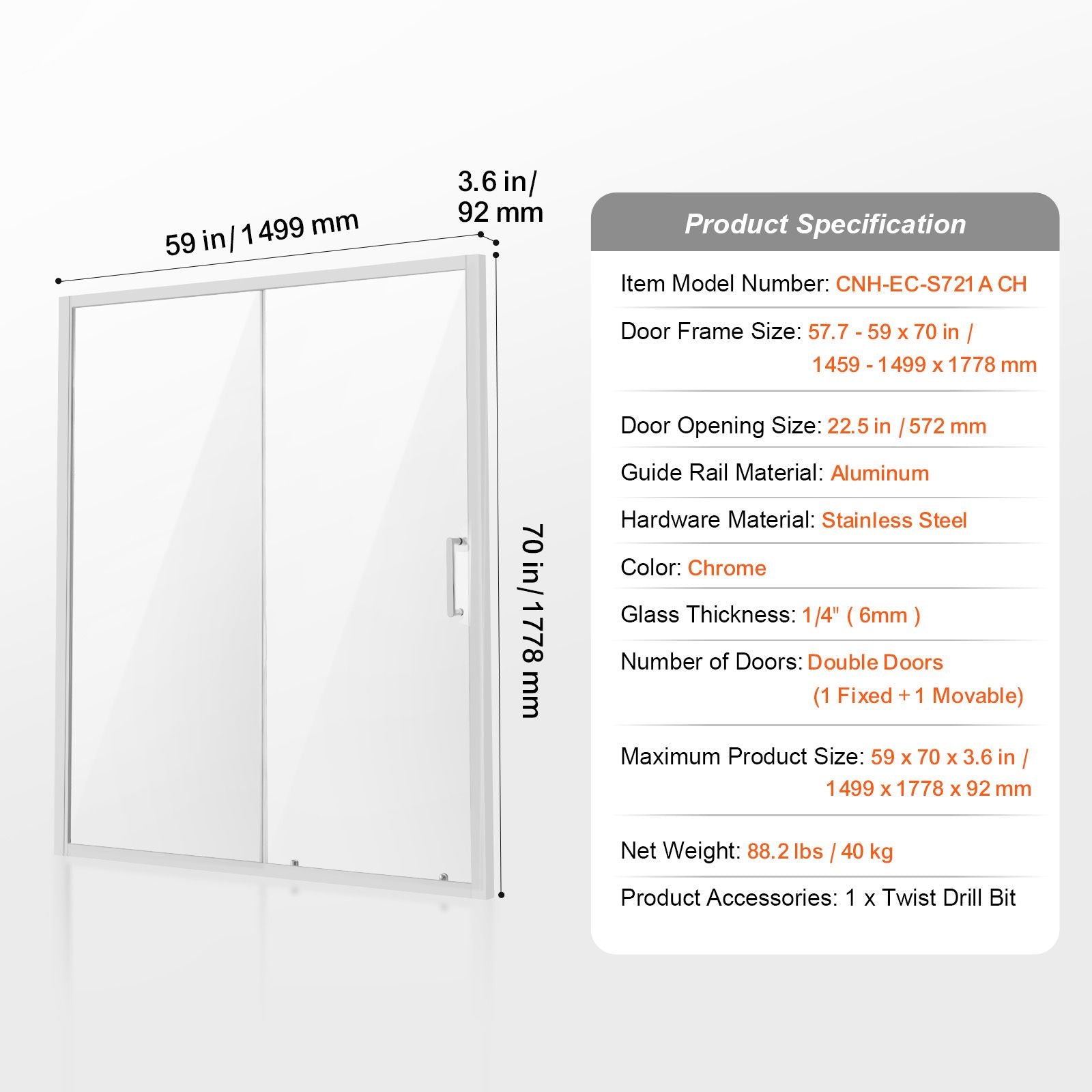 Semi-frameless Shower Door 57.7-59