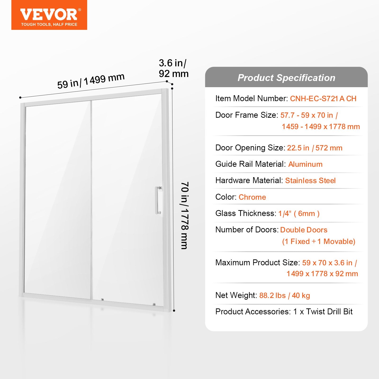 Semi-frameless Shower Door 57.7-59