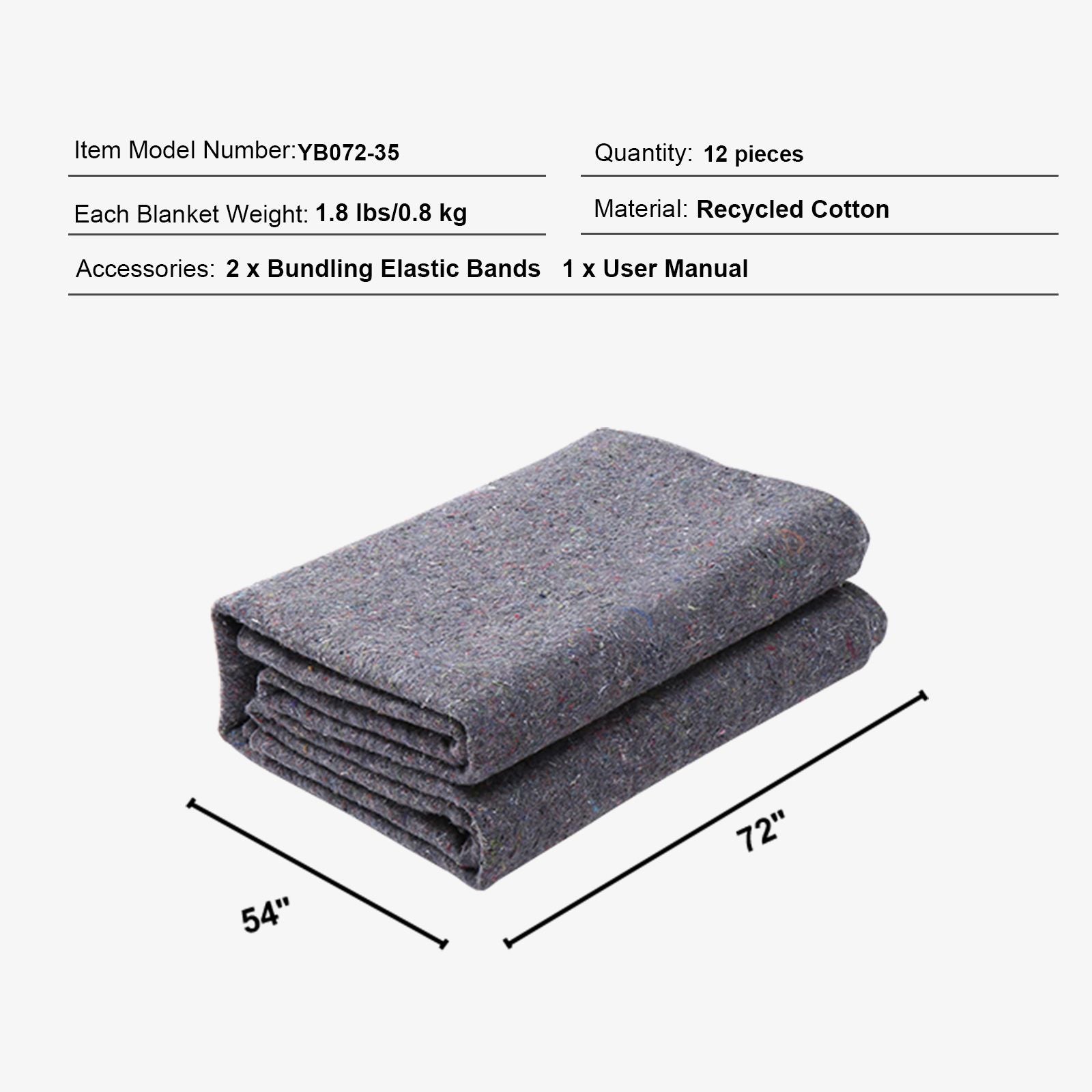 Moving Blankets, 1829 x 1372 mm, 12 kg/dz Weight, 12 Pack, Professional Recycled Cotton Packing Blanket, Large Heavy Duty Shipping Mover Pads Perfect for Protecting Furniture, Floors, Appliances