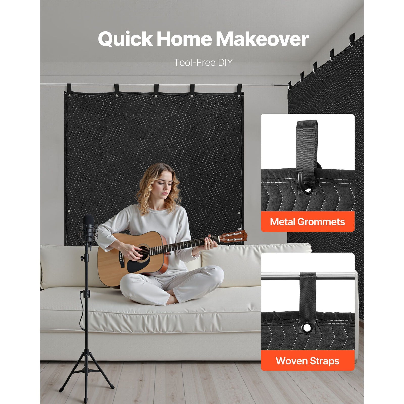 Sound Dampening Blankets, Soundproof Curtains with 2032 x 1219 mm, Soundproof Blanket with Grommets, Studio Grommeted Blanket, for Window, Door, Light Blocker, Music Recording, Black