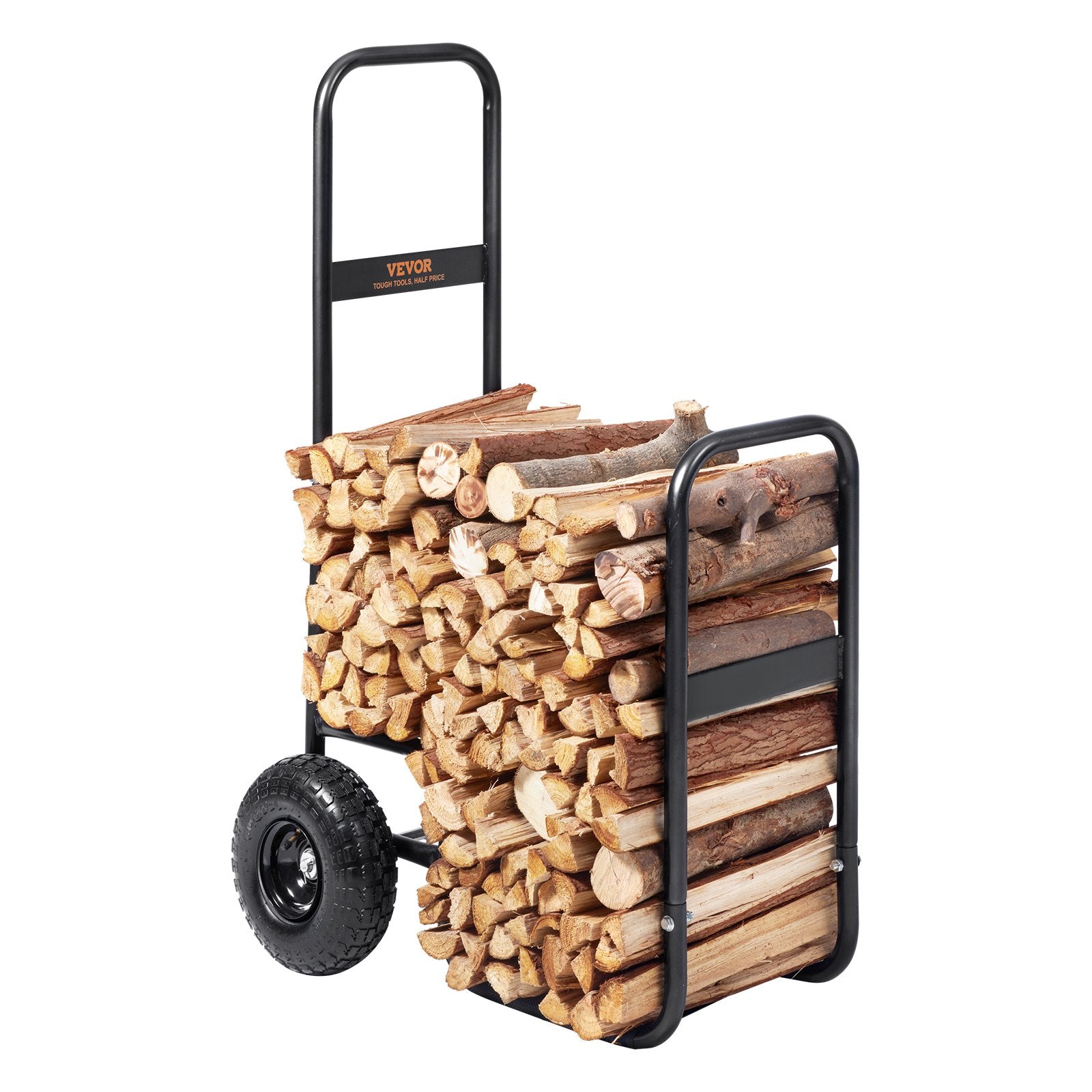 Firewood Log Cart, 113 kg Load Capacity, Outdoor and Indoor Wood Rack Storage Mover with Pneumatic Rubber Wheels, Heavy Duty Steel Dolly Hauler, Firewood Carrier for Fireplace, Fire Pit, Black