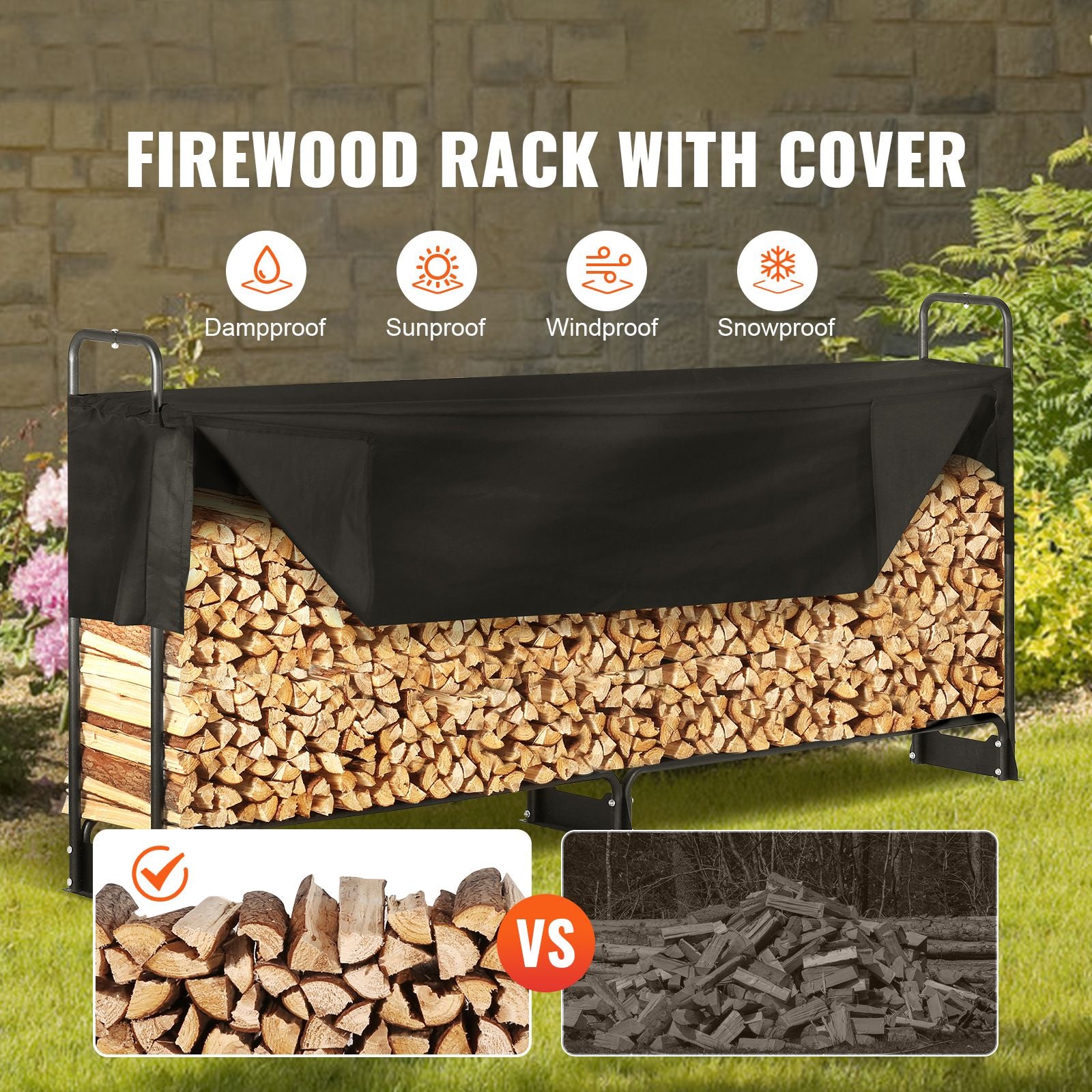 Firewood Rack with Cover 8.4FT Outdoor Log Holder 660lbs Steel Wood Storage