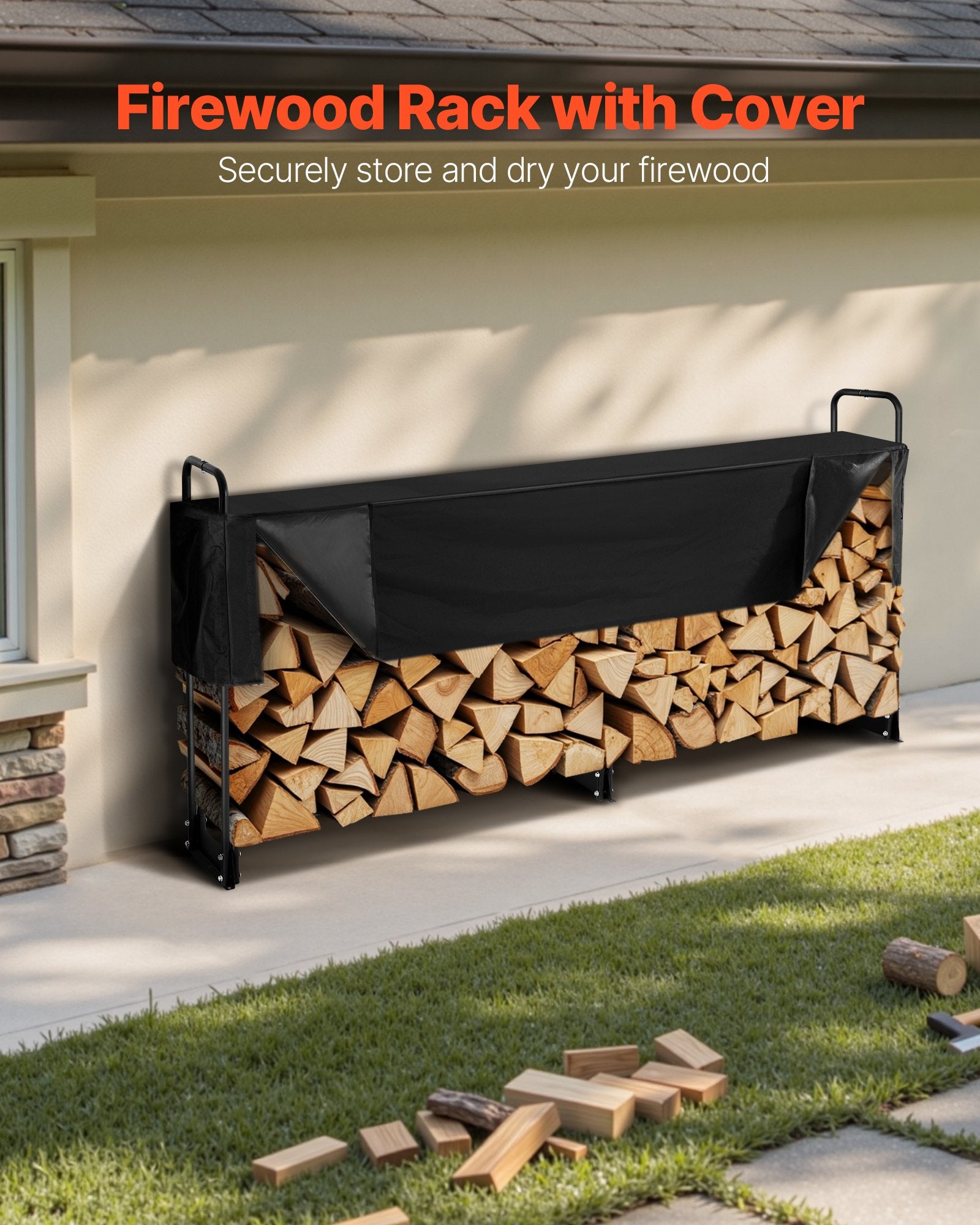 Firewood Rack with Waterproof Cover, 257 x 36 x 117 cm Outdoor Firewood Holder, 660lb Weight Capacity, 1/2 Cord Log Holder, Half-Covered, Powder-coated Wood Storage Rack for Fireplace Deck