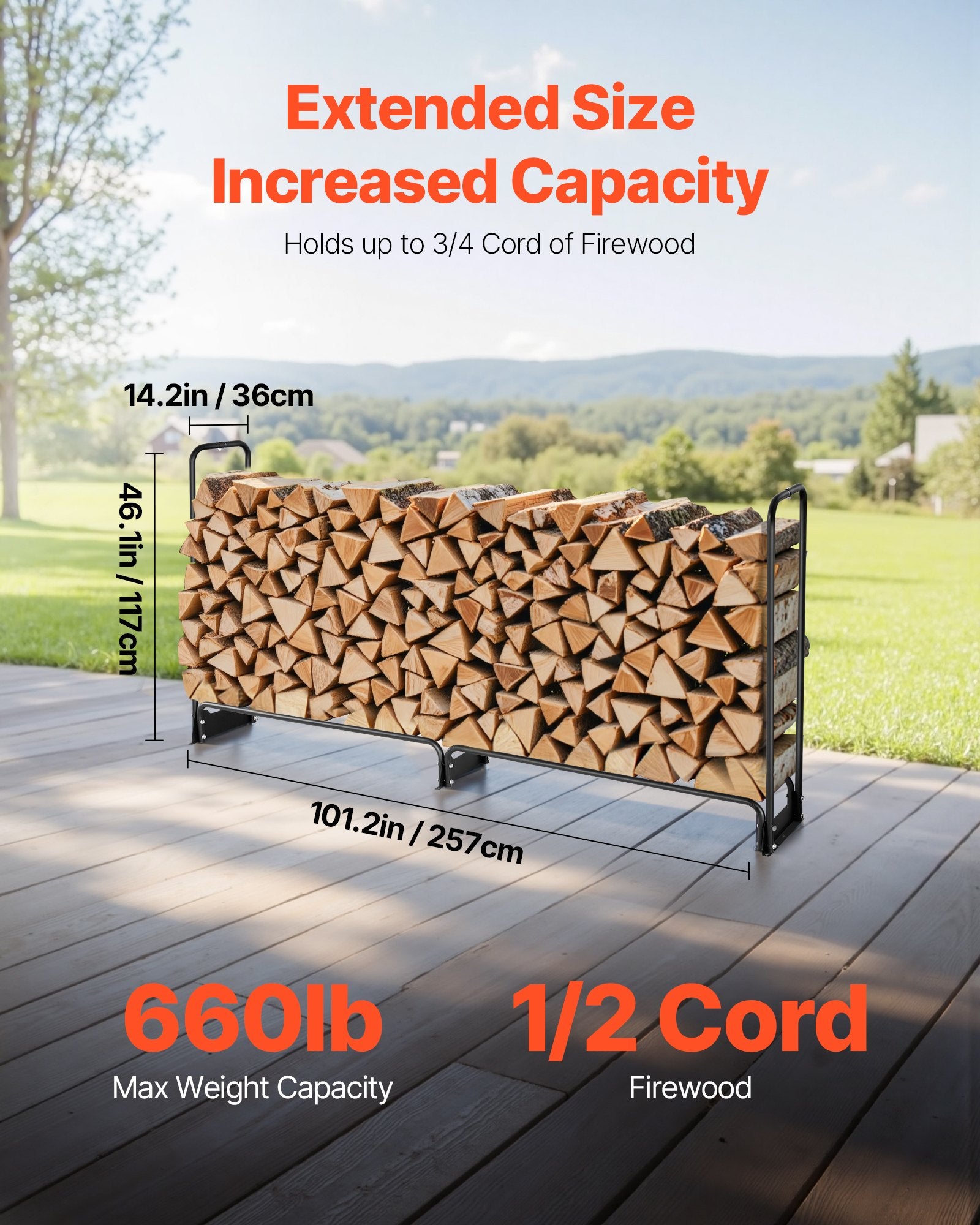 Firewood Rack with Waterproof Cover, 257 x 36 x 117 cm Outdoor Firewood Holder, 660lb Weight Capacity, 1/2 Cord Log Holder, Half-Covered, Powder-coated Wood Storage Rack for Fireplace Deck