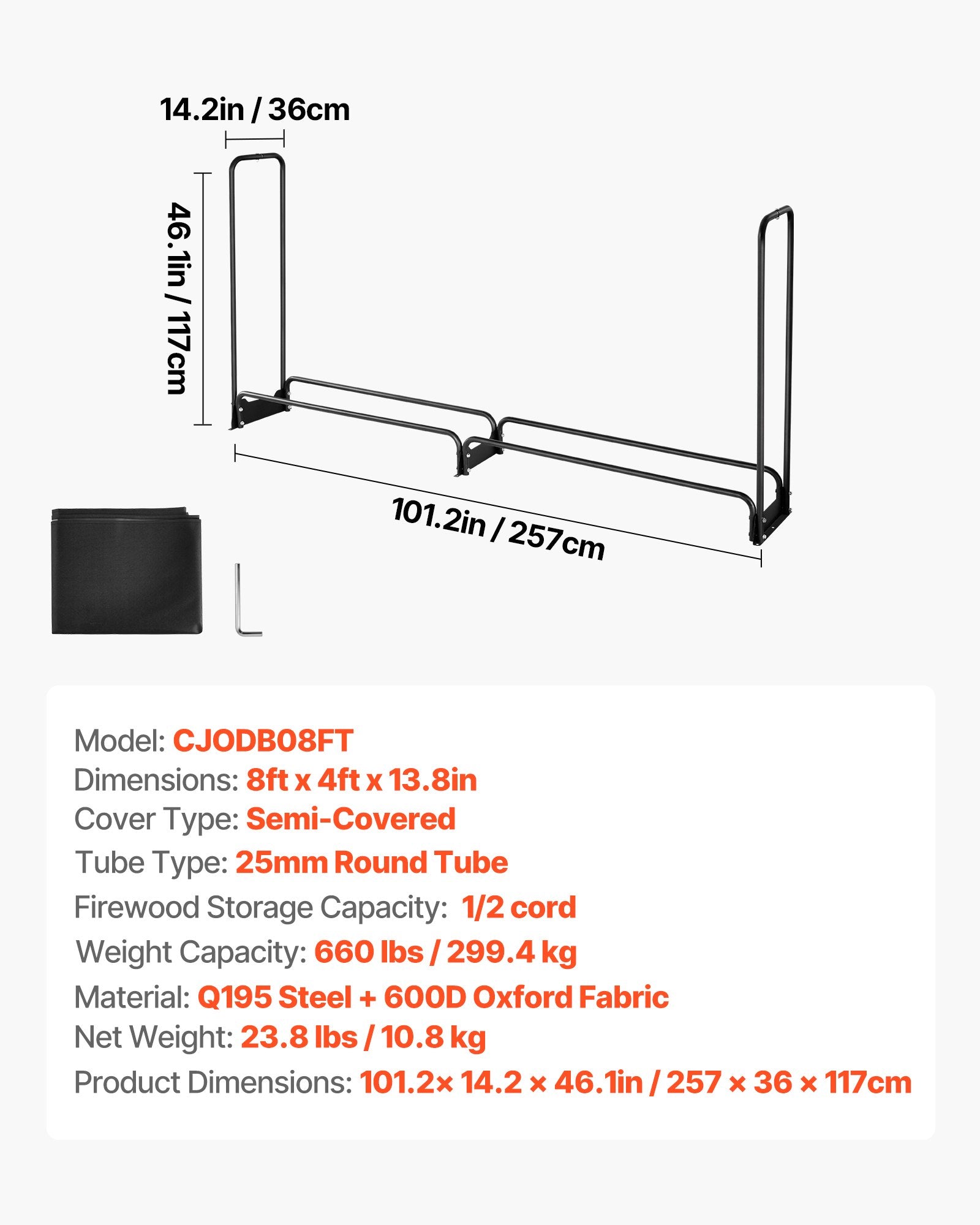 Firewood Rack with Waterproof Cover, 257 x 36 x 117 cm Outdoor Firewood Holder, 660lb Weight Capacity, 1/2 Cord Log Holder, Half-Covered, Powder-coated Wood Storage Rack for Fireplace Deck