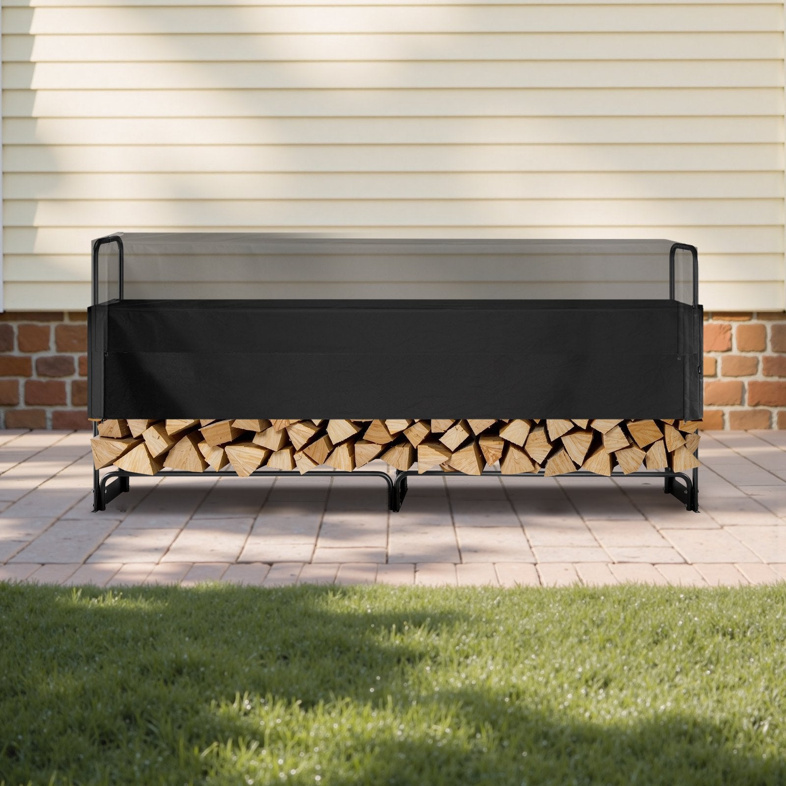 Firewood Rack with Waterproof Cover, 257 x 36 x 117 cm Outdoor Firewood Holder, 660lb Weight Capacity, 1/2 Cord Log Holder, Half-Covered, Powder-coated Wood Storage Rack for Fireplace Deck