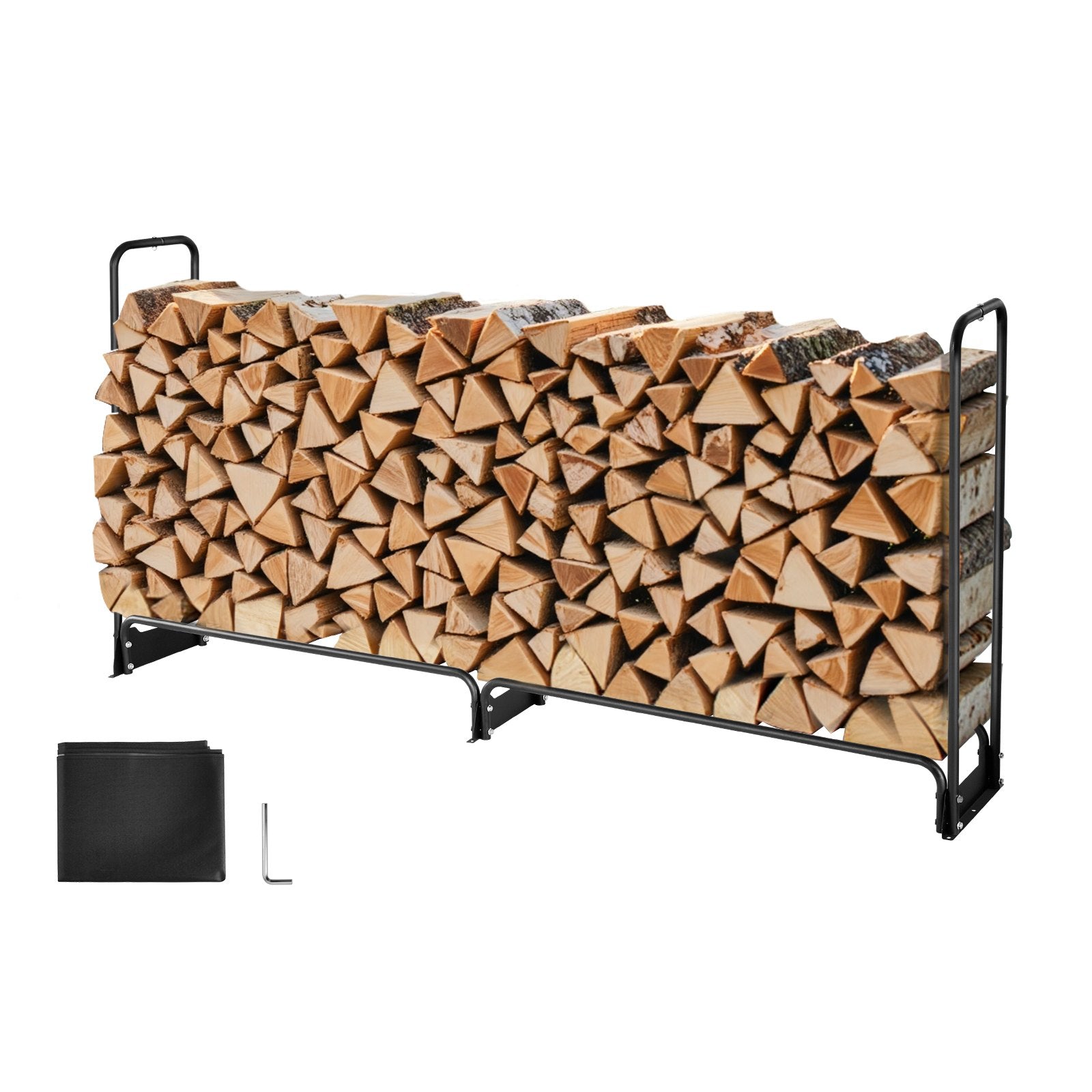 Firewood Rack with Waterproof Cover, 257 x 36 x 117 cm Outdoor Firewood Holder, 660lb Weight Capacity, 1/2 Cord Log Holder, Half-Covered, Powder-coated Wood Storage Rack for Fireplace Deck