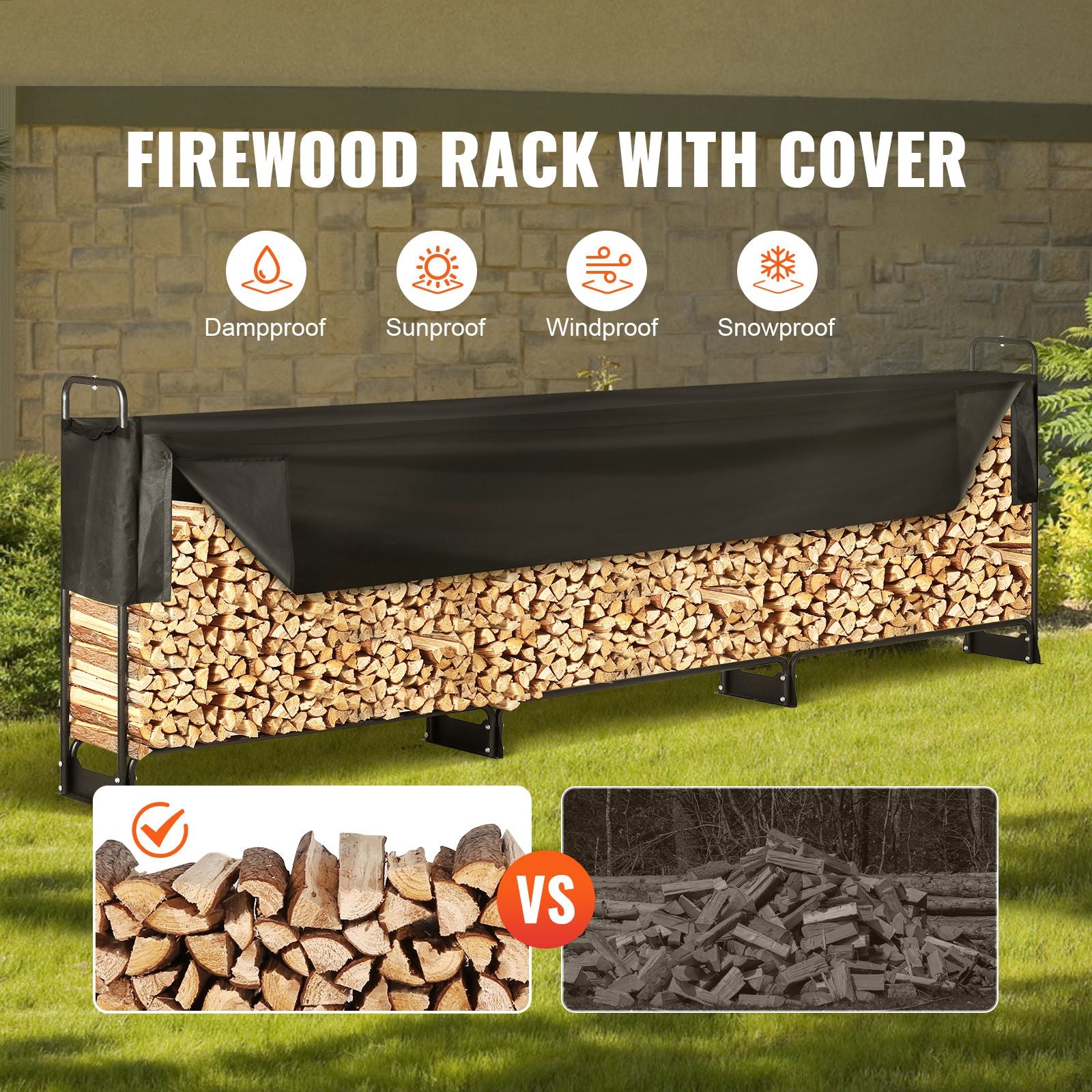 Firewood Rack with Waterproof Cover, 383 x 36 x 117 cm Outdoor Firewood Holder, 660lb Weight Capacity, 1/2 Cord Log Holder, Half-Covered, Powder-coated Wood Storage Rack for Fireplace Deck