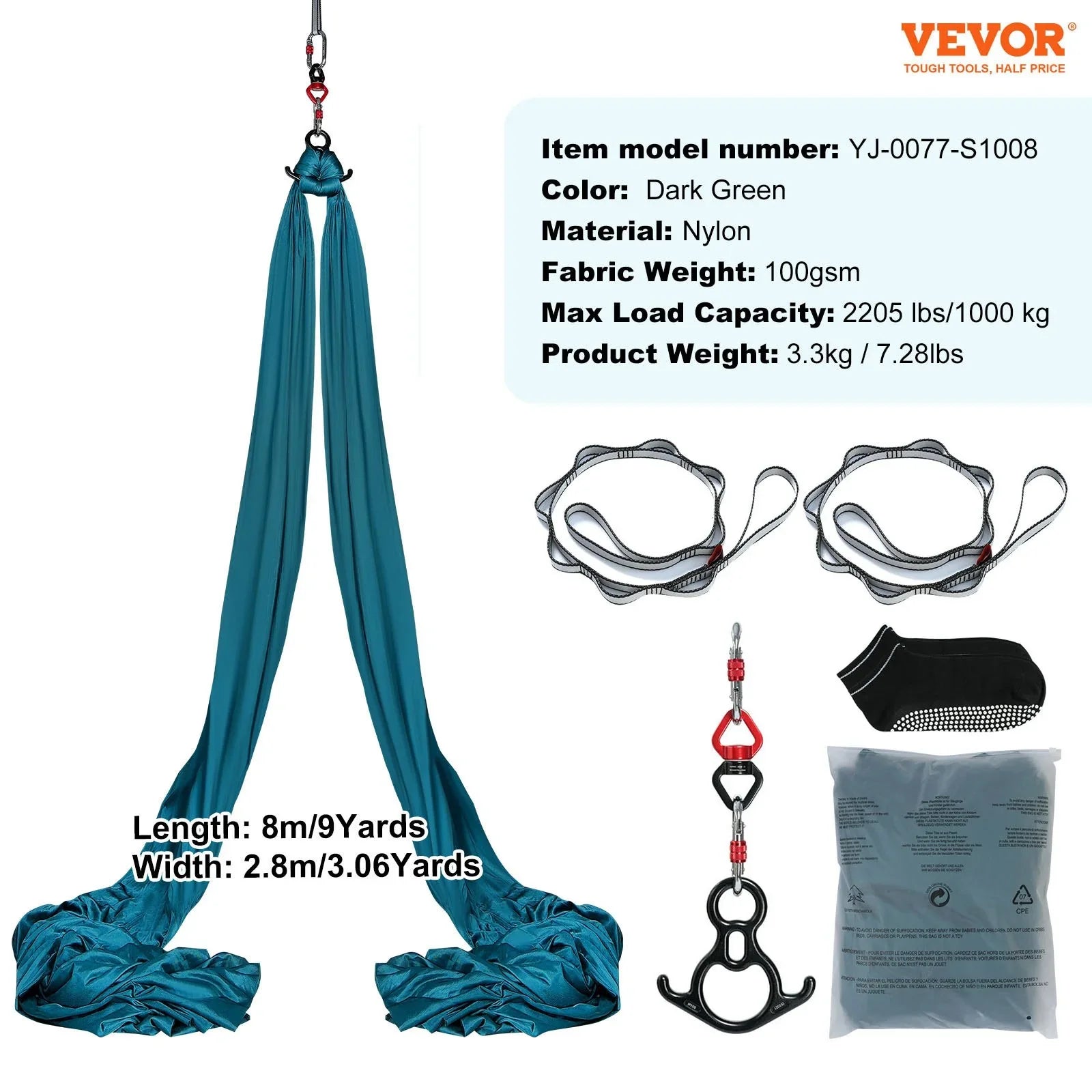 Aerial Silk & Yoga Swing, 8 m Length, Aerial Yoga Hammock Kit with 100gsm Nylon Fabric, Full Rigging Hardware & Easy Set-up Guide, Antigravity Flying for All Levels Fitness Bodybuilding, Green