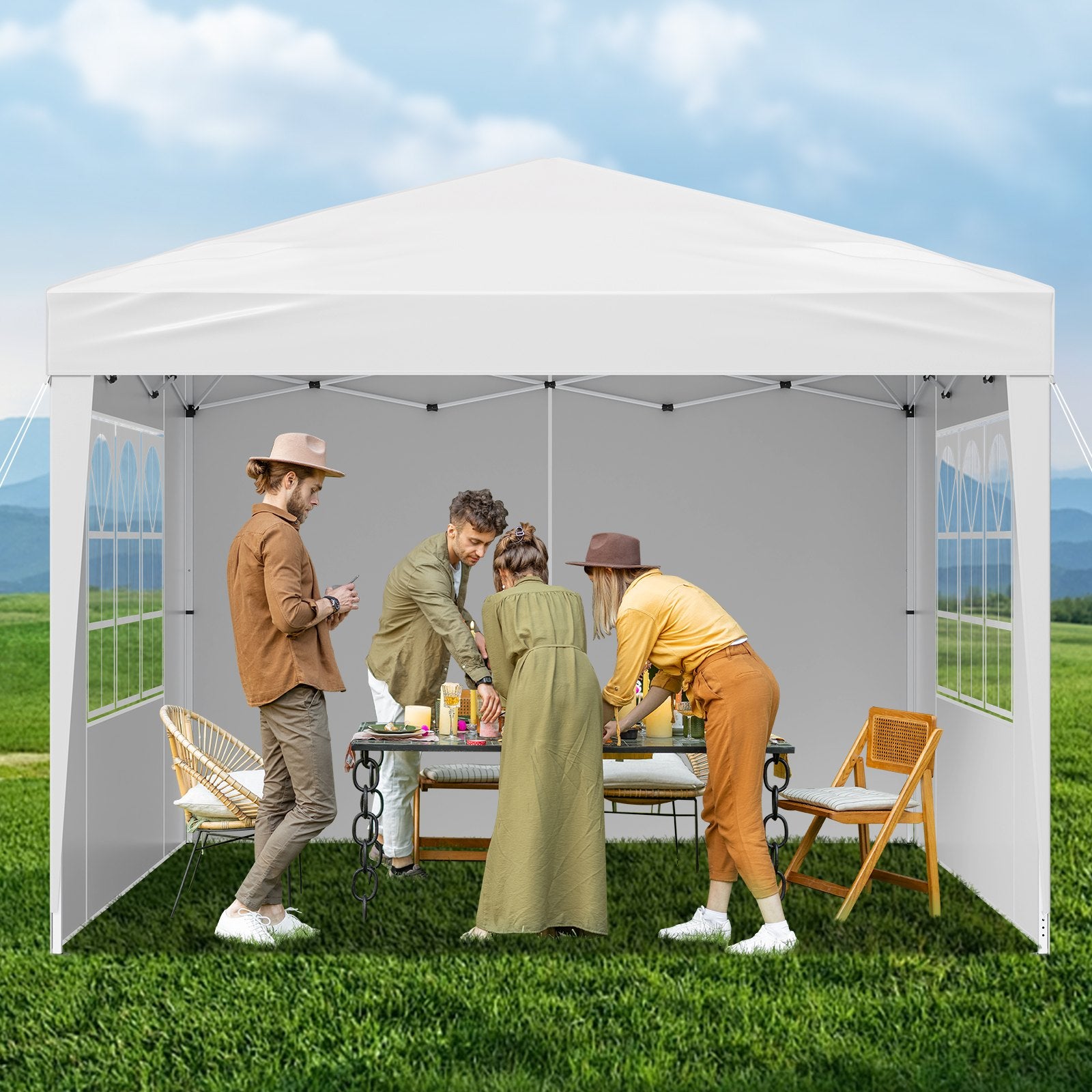 Pop Up Canopy, 2.95 x 2.95 m Instant Canopy Portable Gazebo with 3 Sidewalls & 2 Ventilated Windows, Height Adjustable Pop-Up Outdoor Shelter Tent for Events, Patio, Backyard, Party, Parking