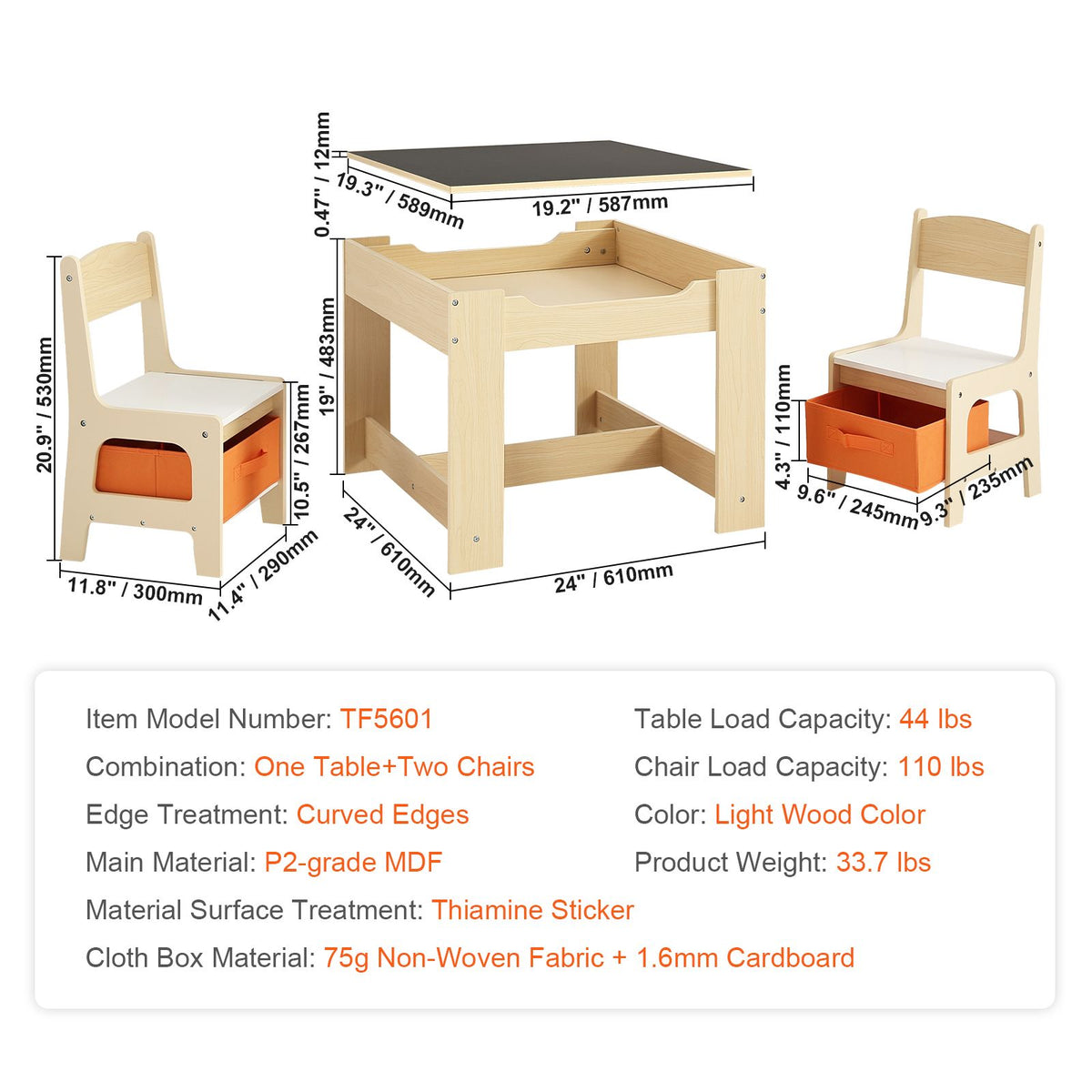 Kids Table and Chair Set Wooden Activity Table with Storage Space & Boxes