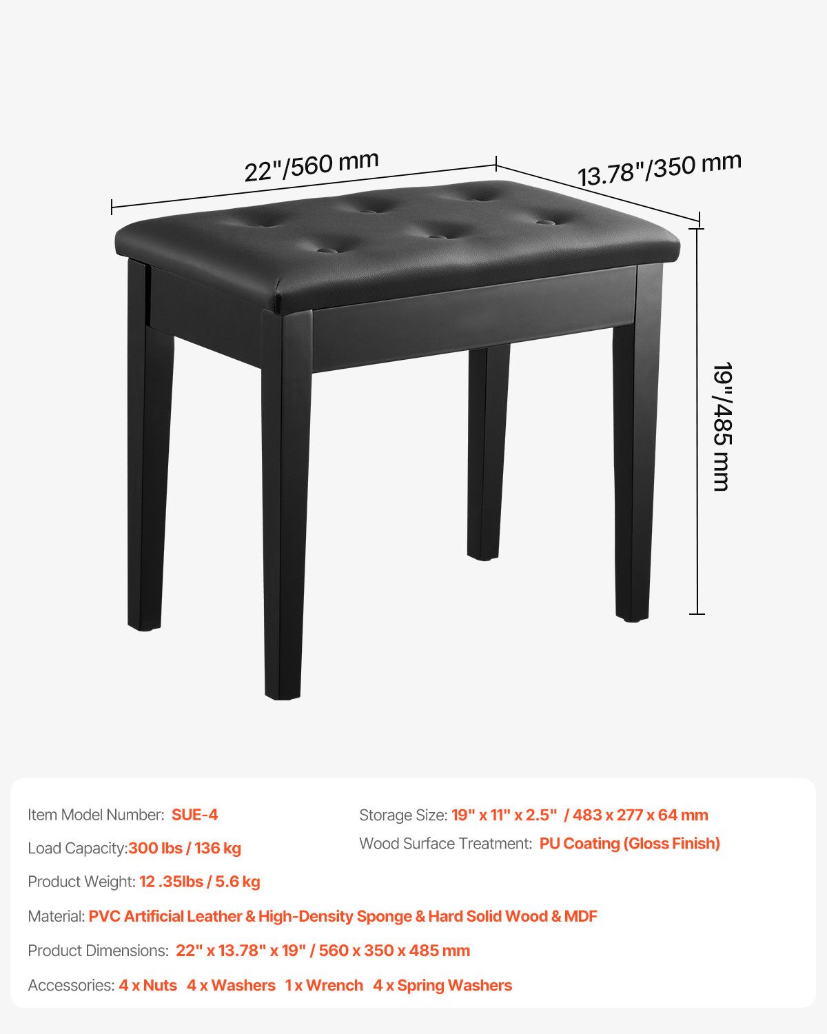 Piano Bench Stool with Storage Compartment Padded Keyboard Seat Wooden Chair