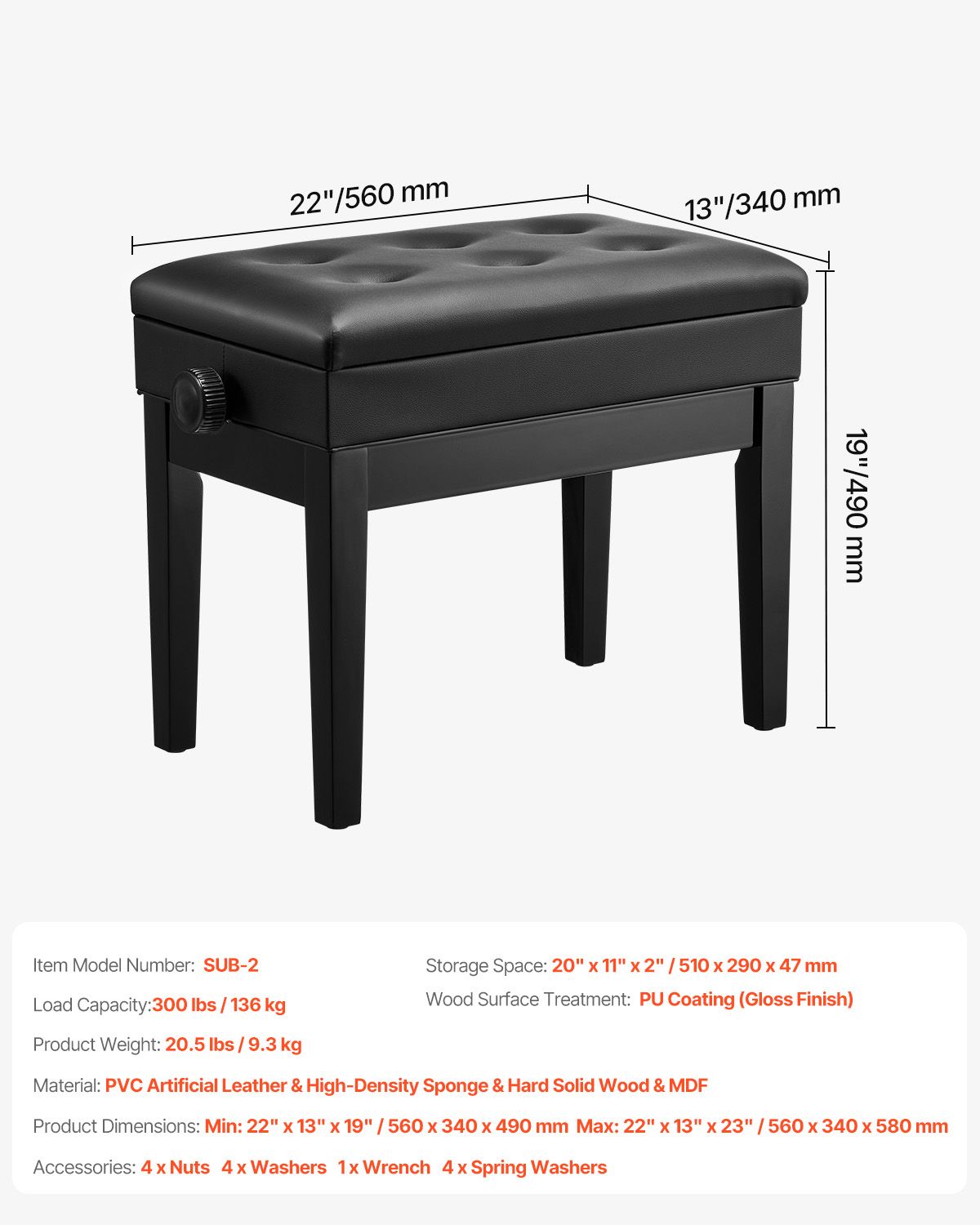 Piano Bench, Keyboard Piano Chair with 19.3
