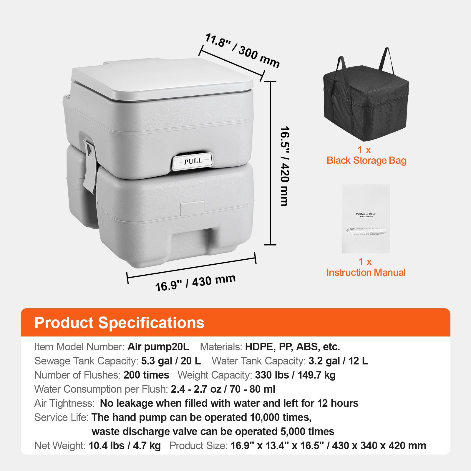 Portable Toilet for Camping, Porta Potty with Carry Bag, 5.3 Gal Waste Tank & 3.2 Gal Flush Tank, Push-Button Pressurized Flush Commode, Leak-proof and Odourless Travel Toilet for Camping Car