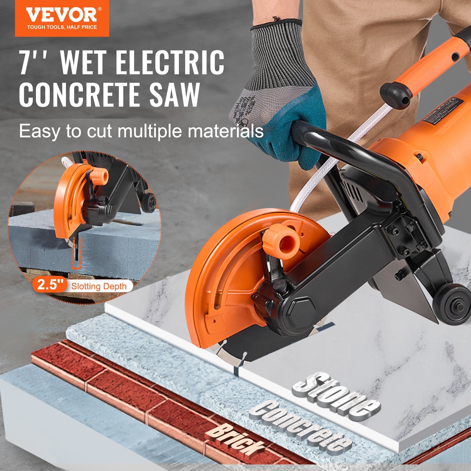 Electric Concrete Saw, 7 in Circular Saw Cutter, 2000 W High Power with Max. 2.5 in Cutting Depth, Wet/Dry Disk Saw Cutter Includes Water Line, Pump and Blade, for Stone, Brick