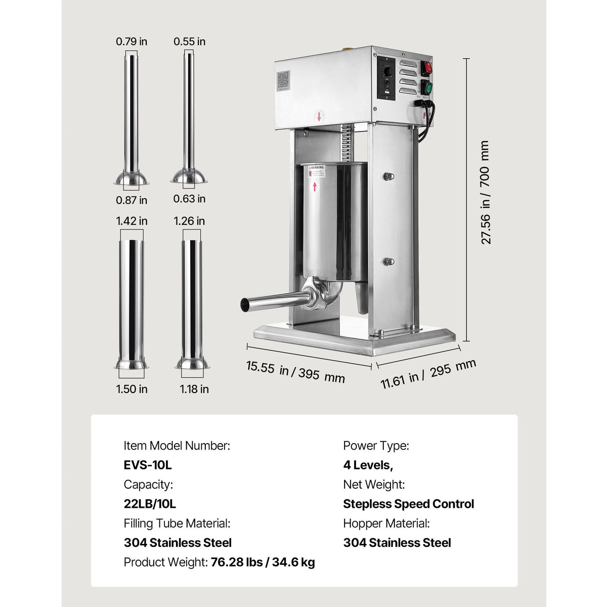 10L Electric Sausage Stuffer Stainless Steel Meat Filler 4 Tubes